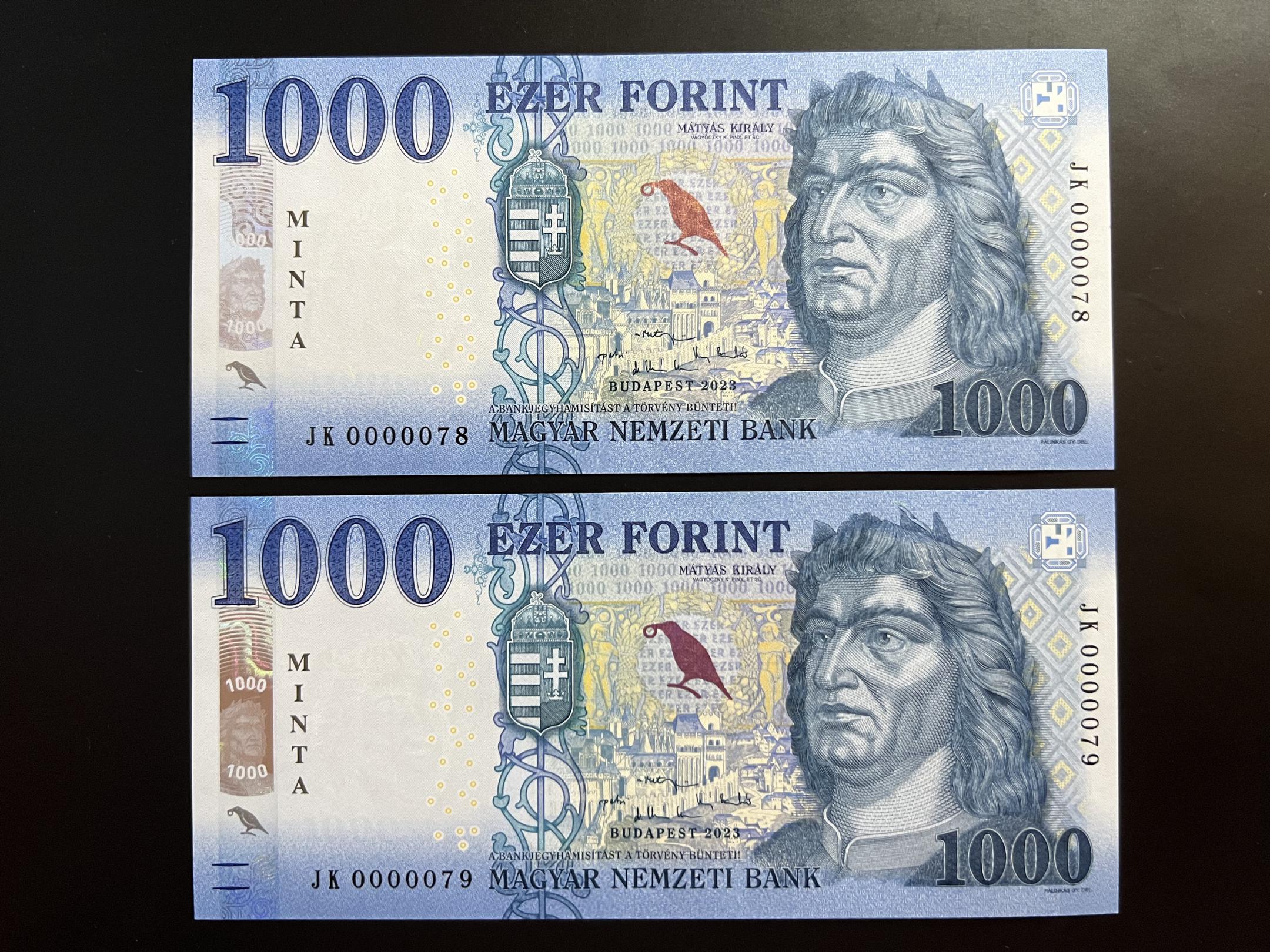1000 Forint MINTA (2023) JK sorszámkövető 2 db rendkívűl alacsony sorszám UNC 