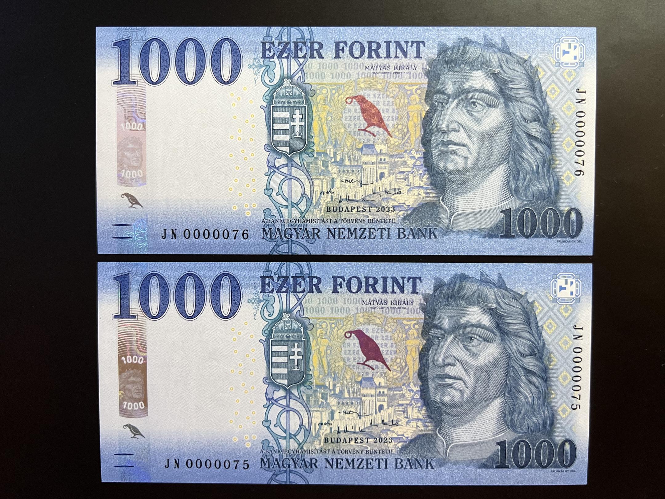 1000 Forint (2023) JN sorszámkövető 2 db rendkívűl alacsony sorszám UNC 