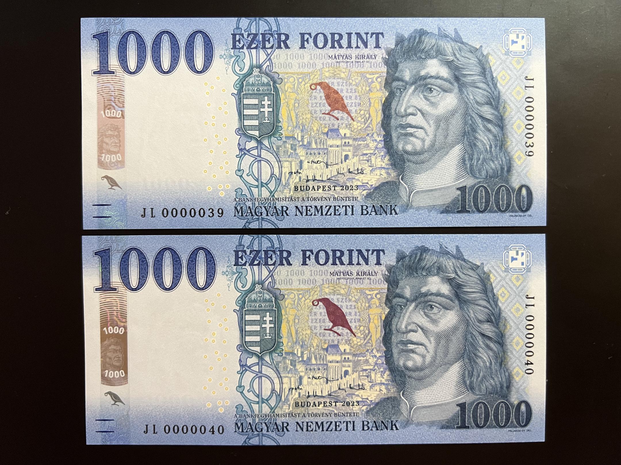 1000 Forint (2023) JL sorszámkövető 2 db rendkívűl alacsony sorszám UNC 