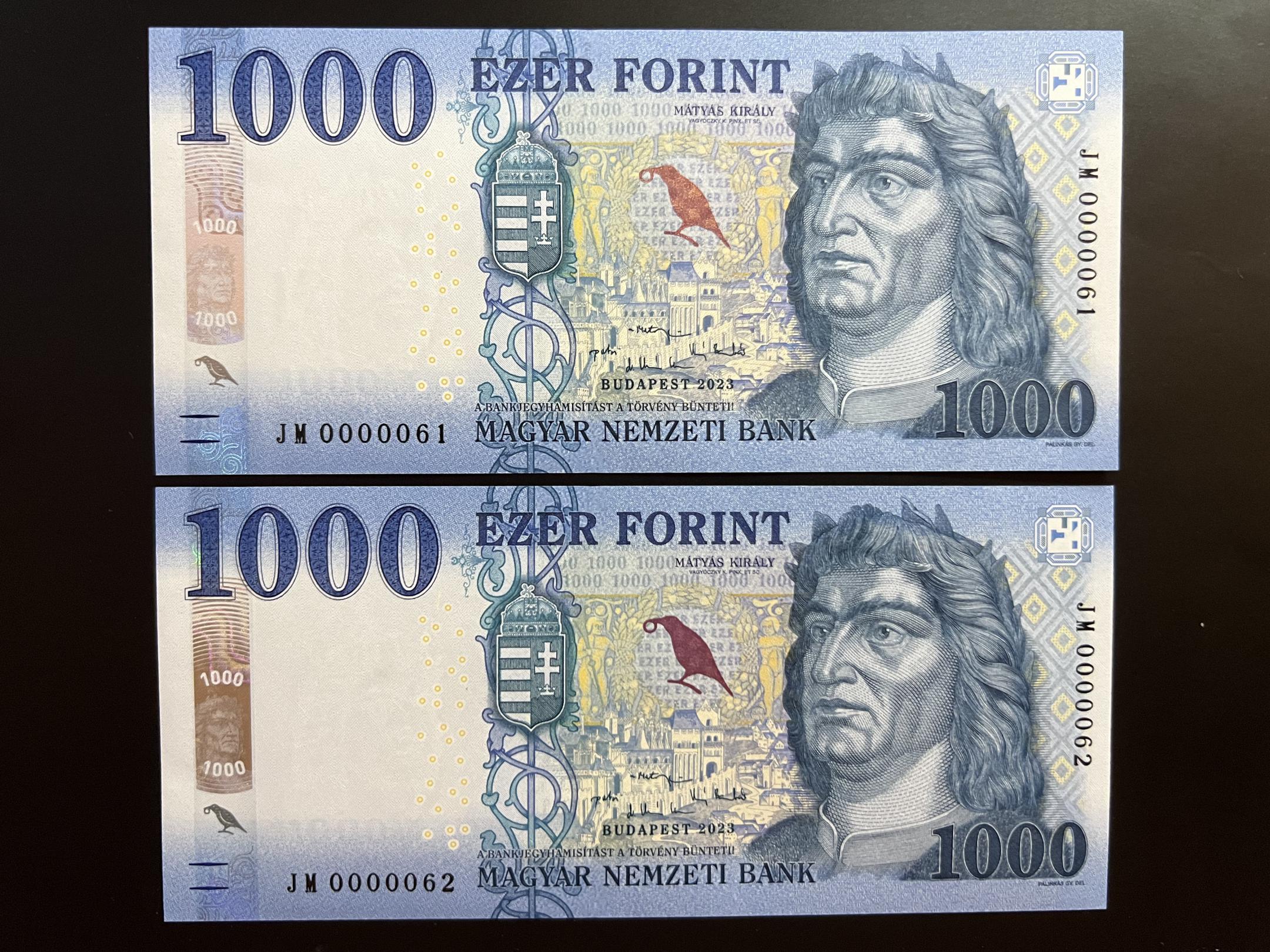 1000 Forint (2023) JM sorszámkövető 2 db rendkívűl  alacsony sorszám UNC 