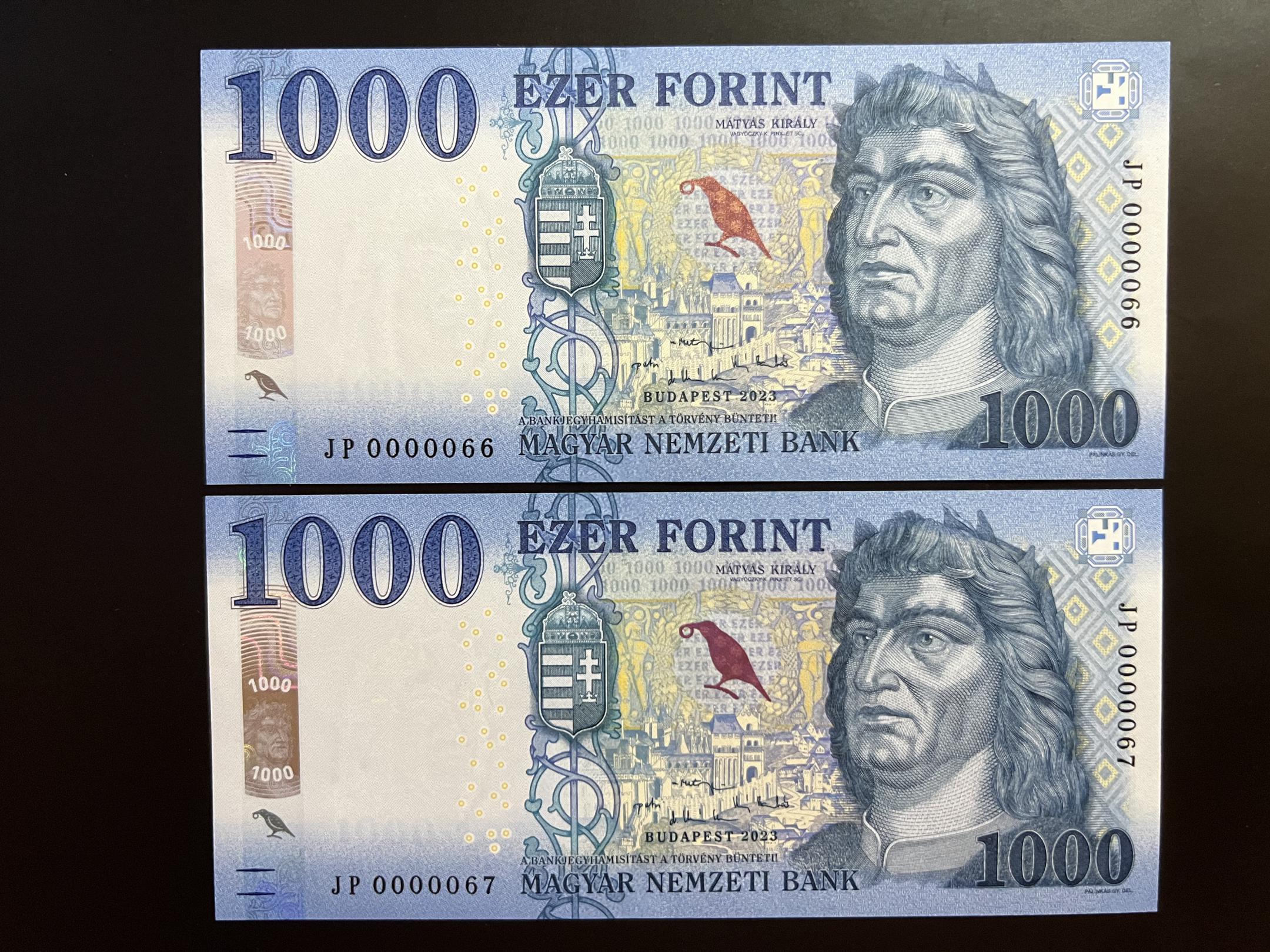 1000 Forint (2023) JP sorszámkövető 2 db rendkívűl  alacsony sorszám UNC 