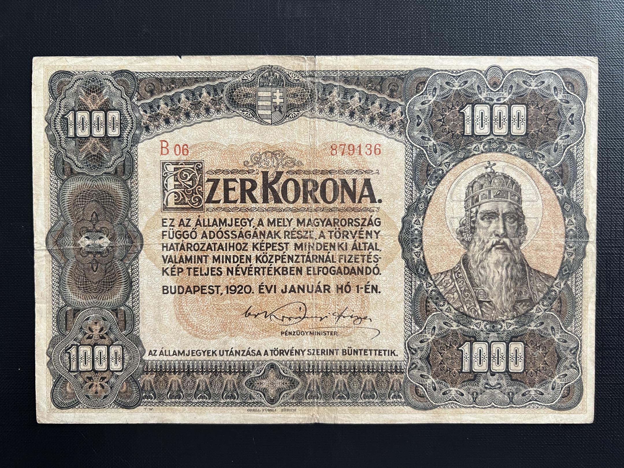 1000 Korona (1920)B Adamo K36 (Javított apró szakadás) VF
