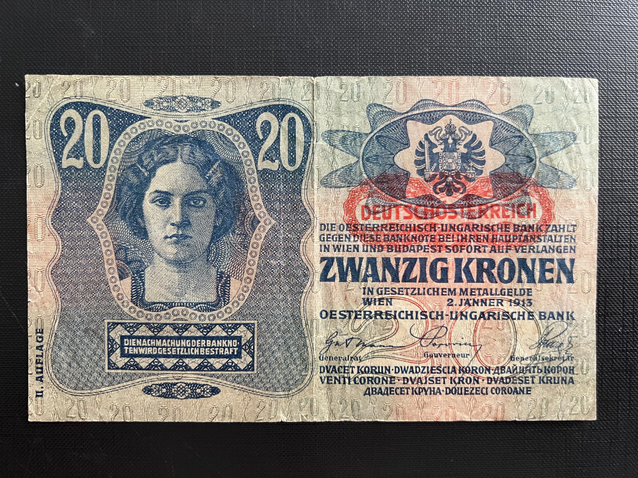 20 Korona (1913) felülbélyegzett II.kiadás VF+ Adamo K18B 