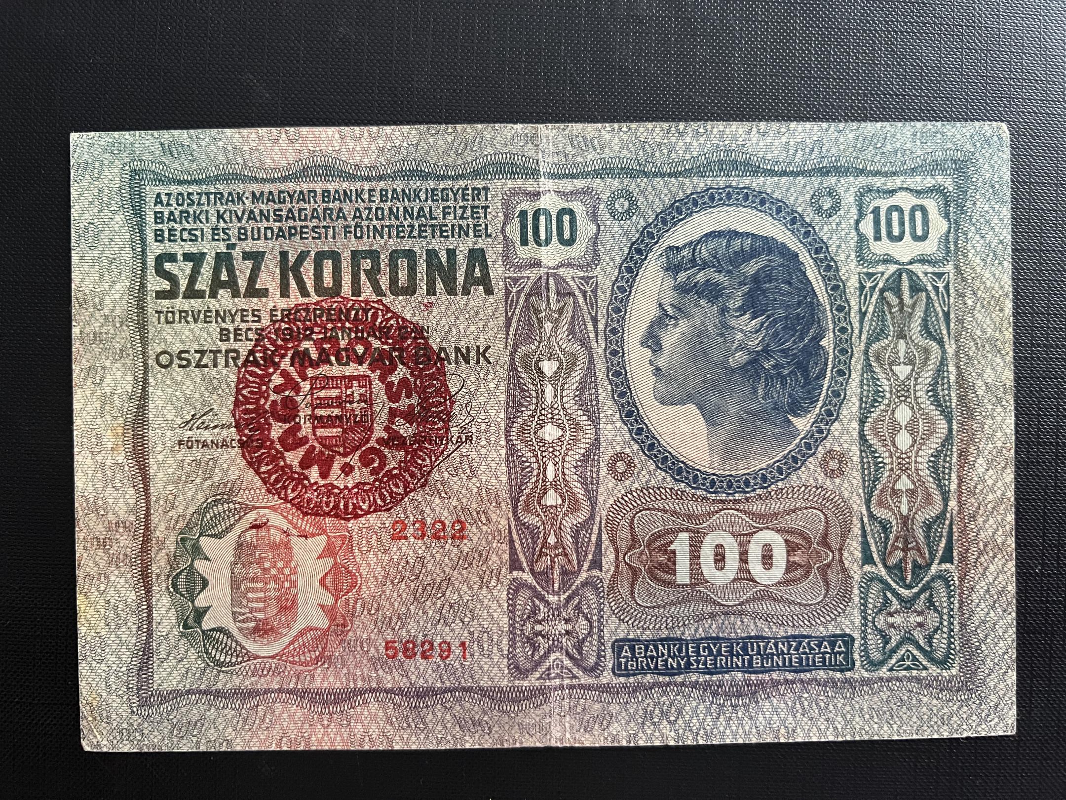 100 Korona 1912 Adamo K28M VF+ (magyar bélyegzés)