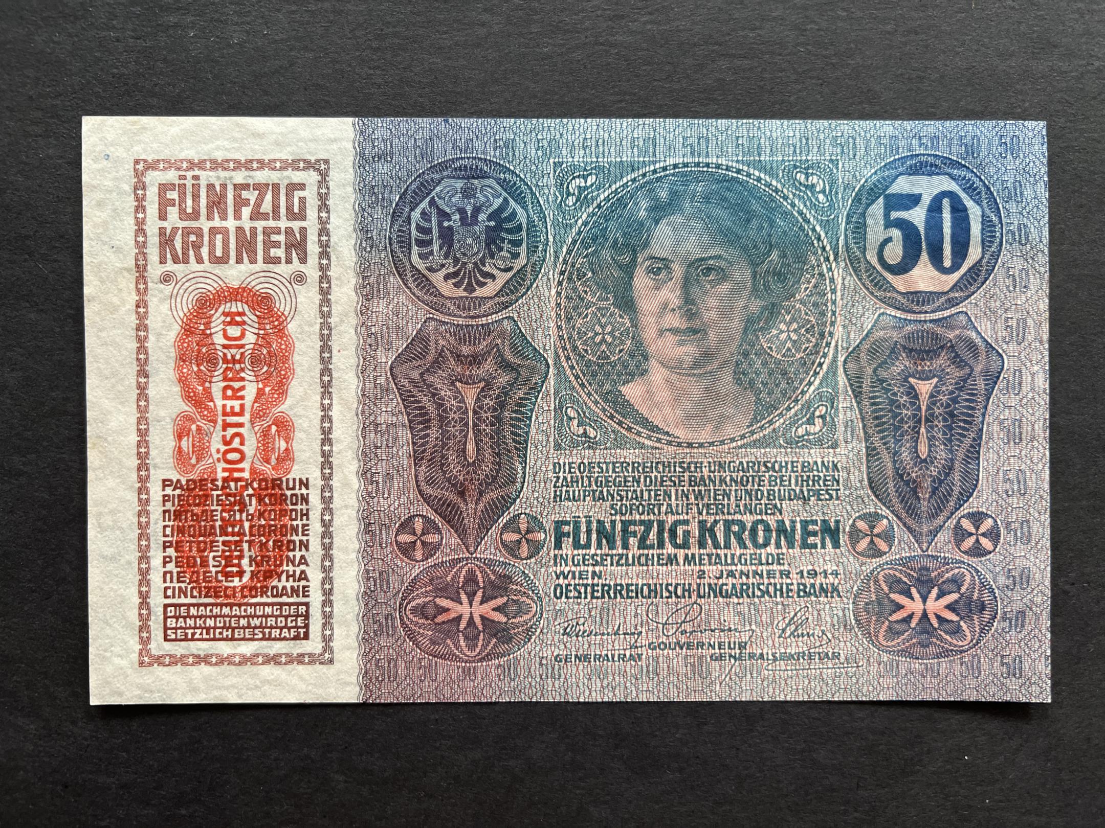 50 Korona (1914) UNC (osztrák felülbélyegzés) Adamo K24M