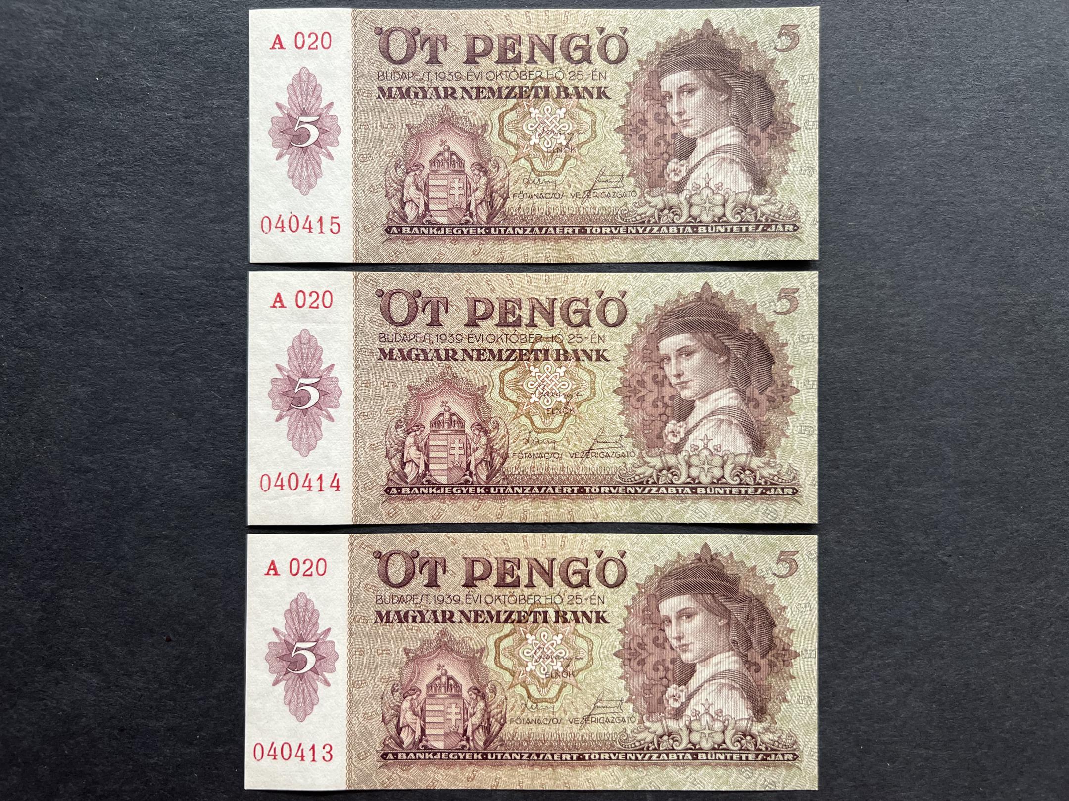 Öt Pengő (1939)A UNC Adamo P6 sorszámkövető 3db