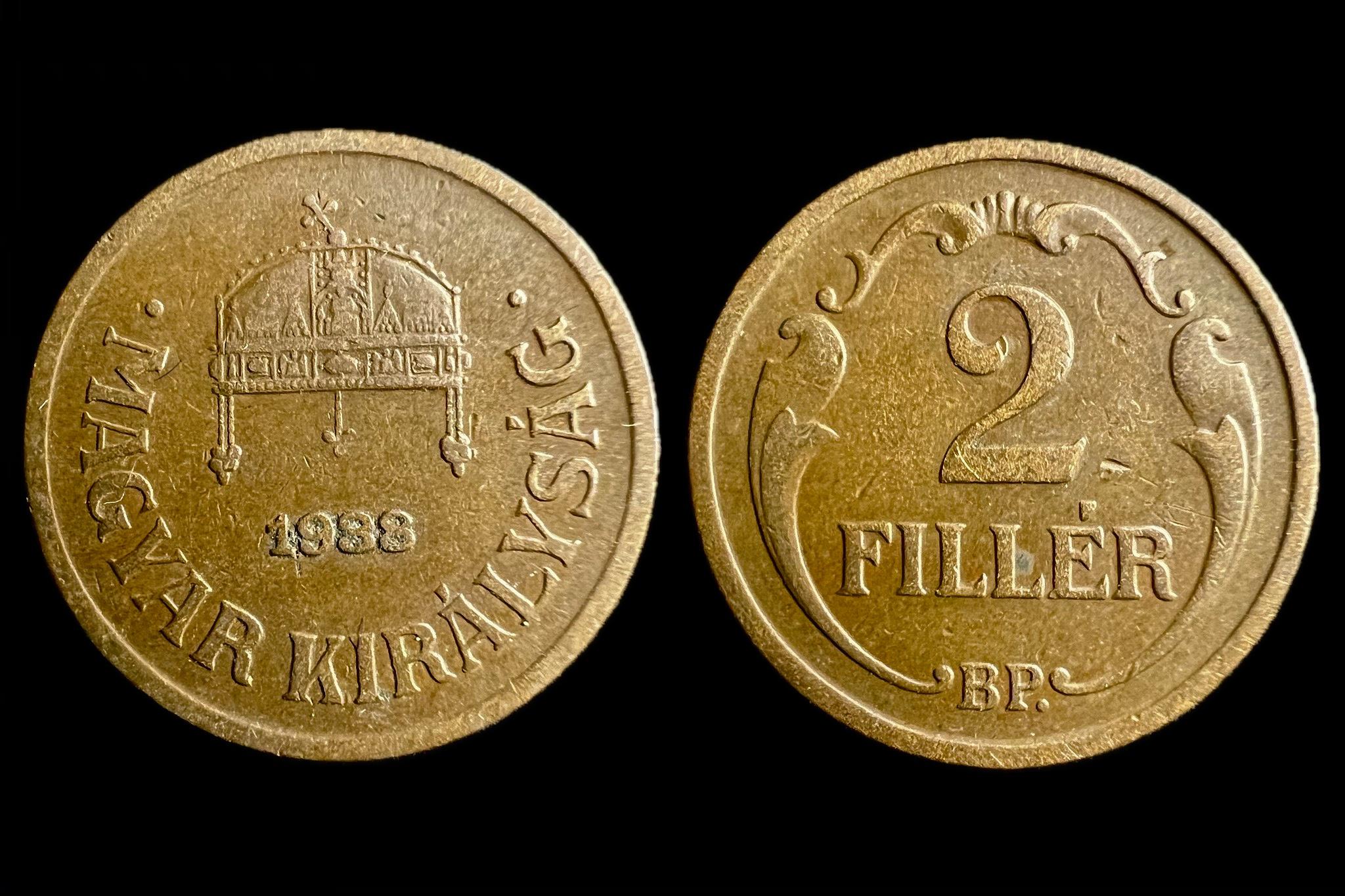 Magyar Királyság 2 Fillér 1938 KB Adamo P2 