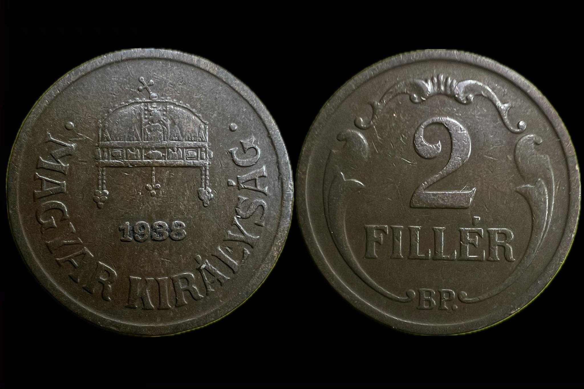 Magyar Királyság 2 Fillér 1938 BP Adamo P2