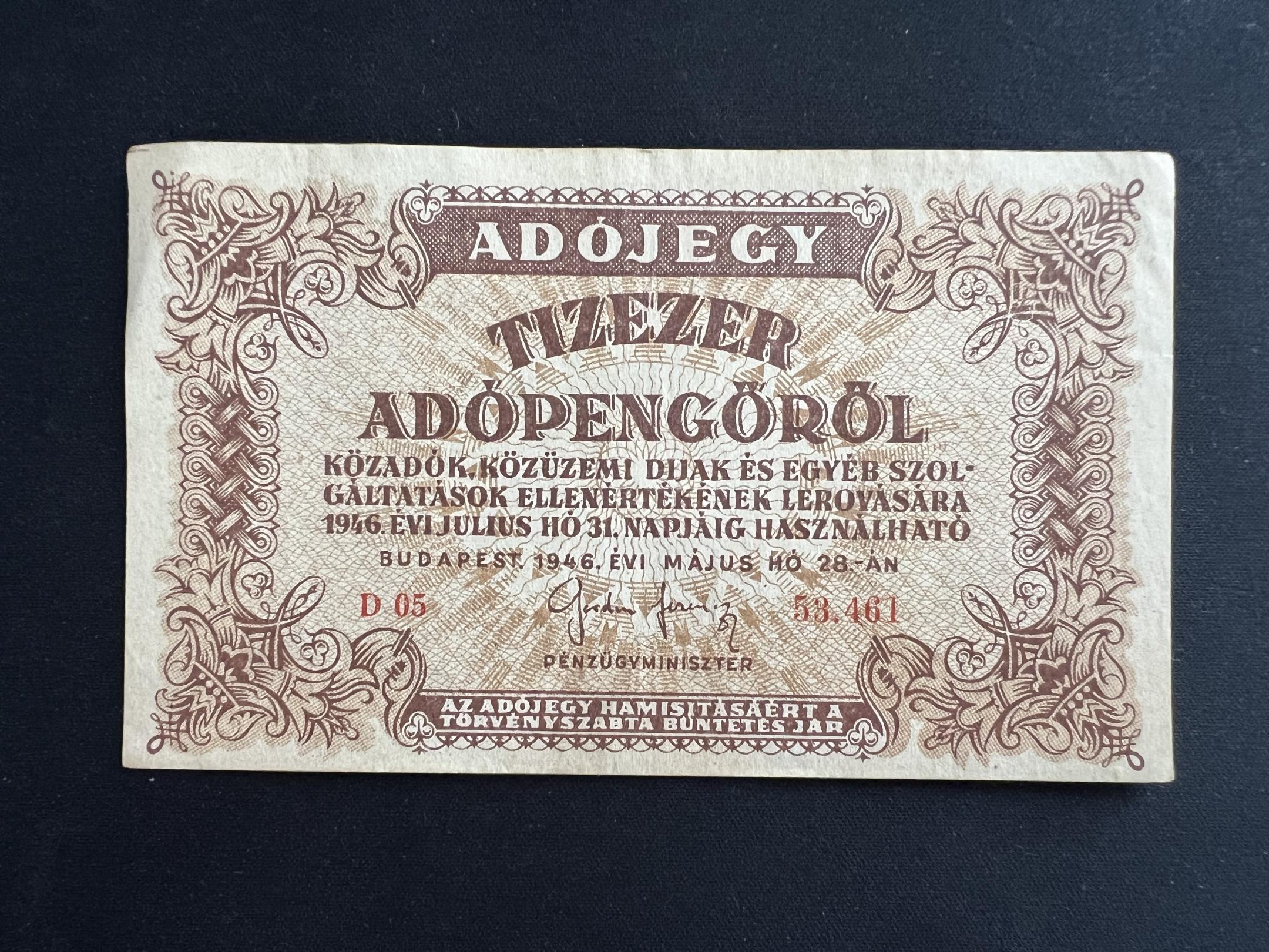 Tízezer Adópengő (vízjeles) Adamo P49 EF 