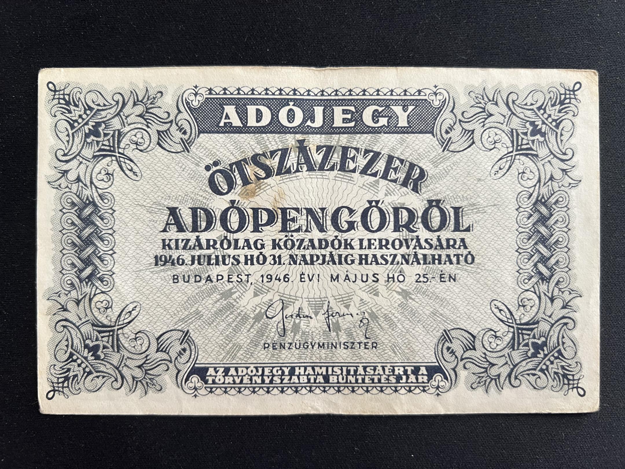 Ötszázezer Adópengő (1946) VF Adamo P52A