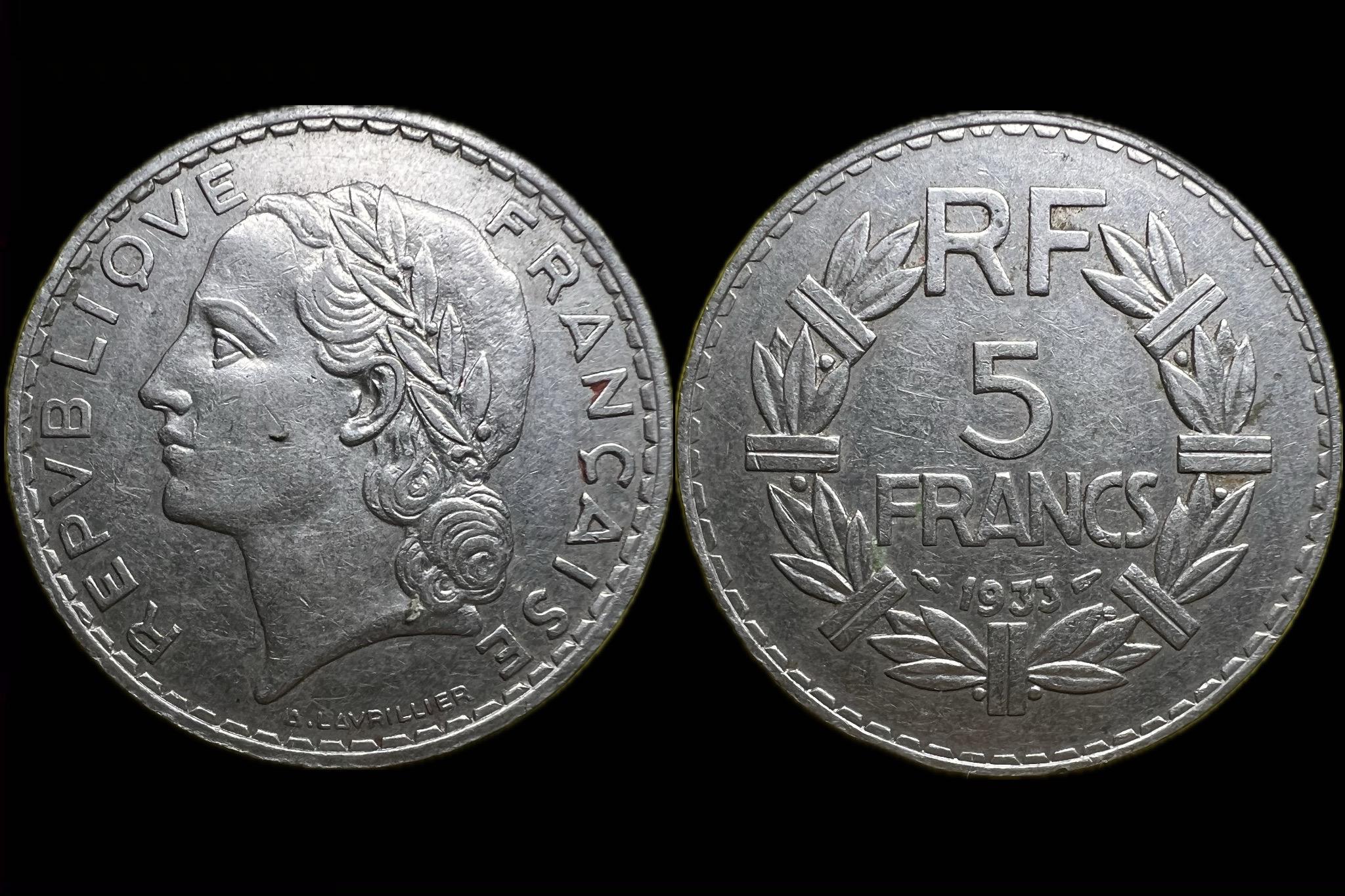 Franciaország 5 Frank 1933 KM 888 Ritka! évszám  
