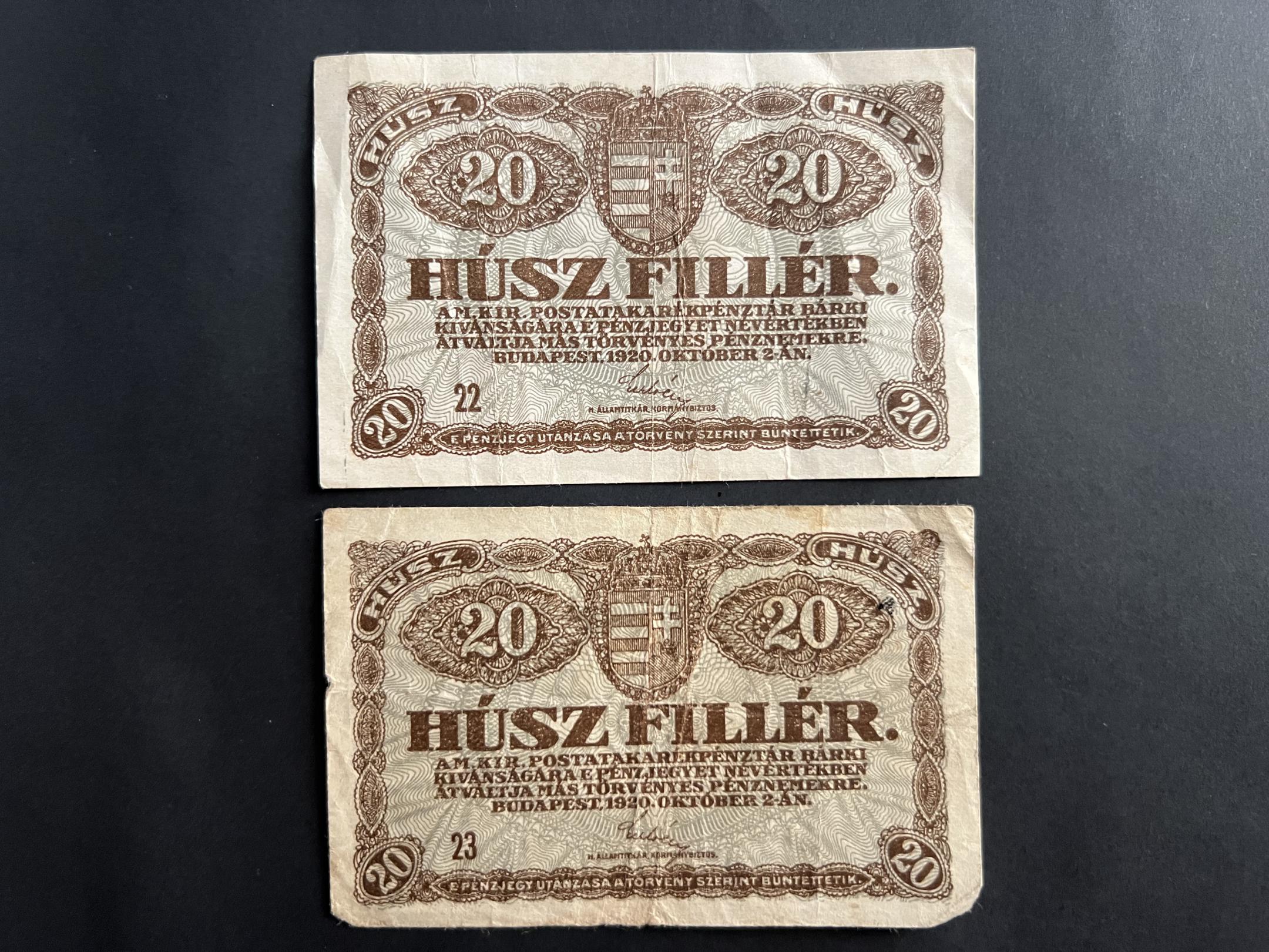 20 fillér 1920 Adamo K1 2db VF,F 