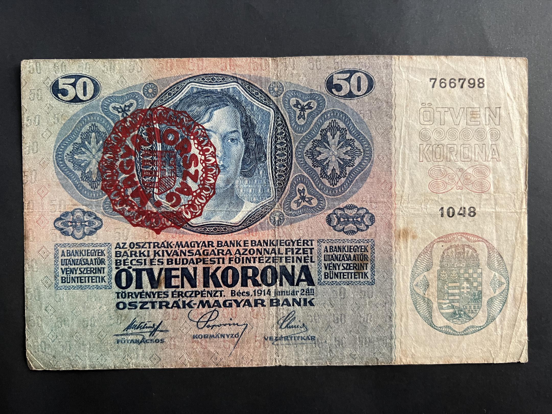 50 Korona (1914) (magyar felülbélyegzés) VF Adamo K24