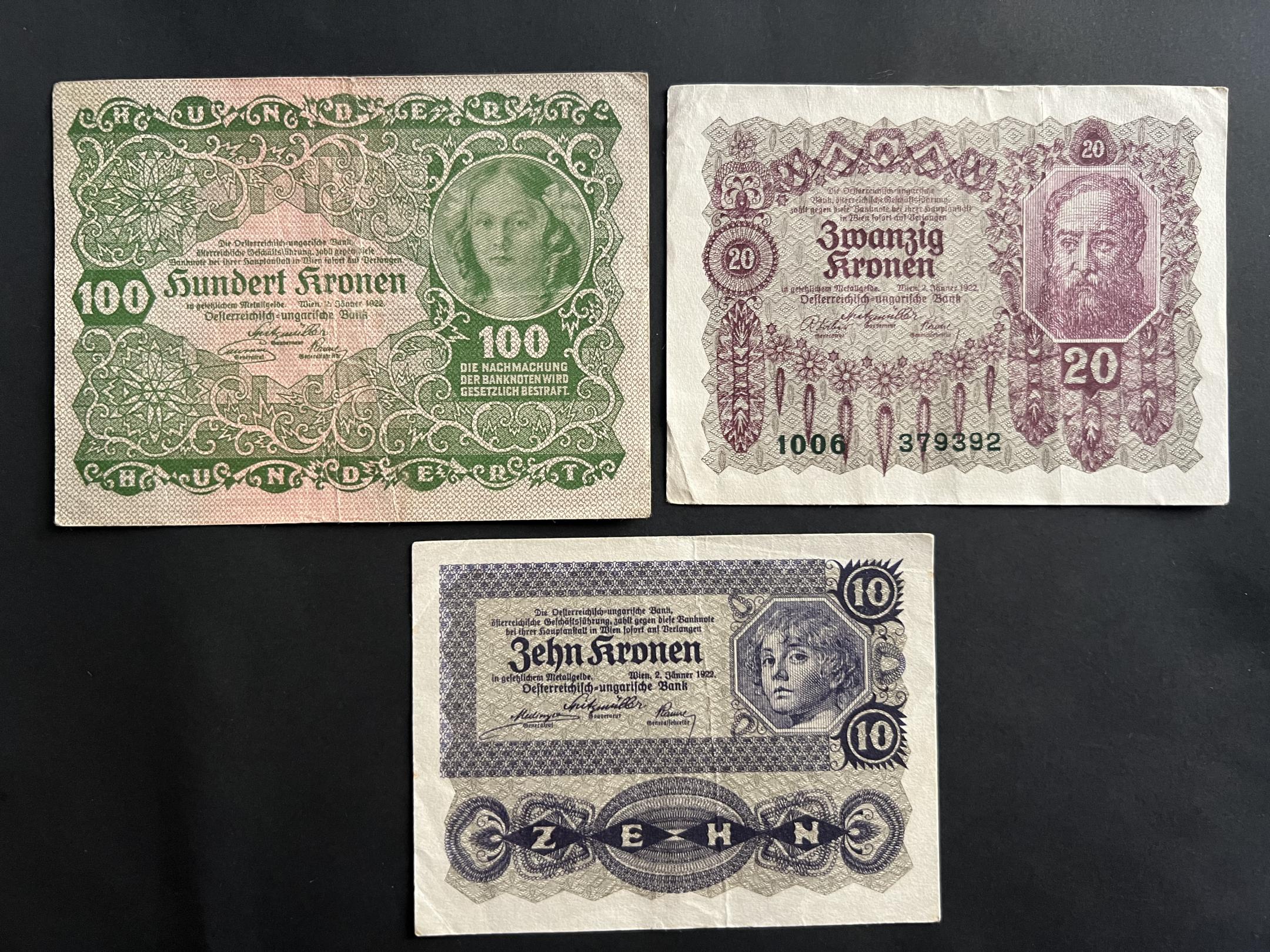 100, 20, 10 Kronen Ausztria 1922 3db VF