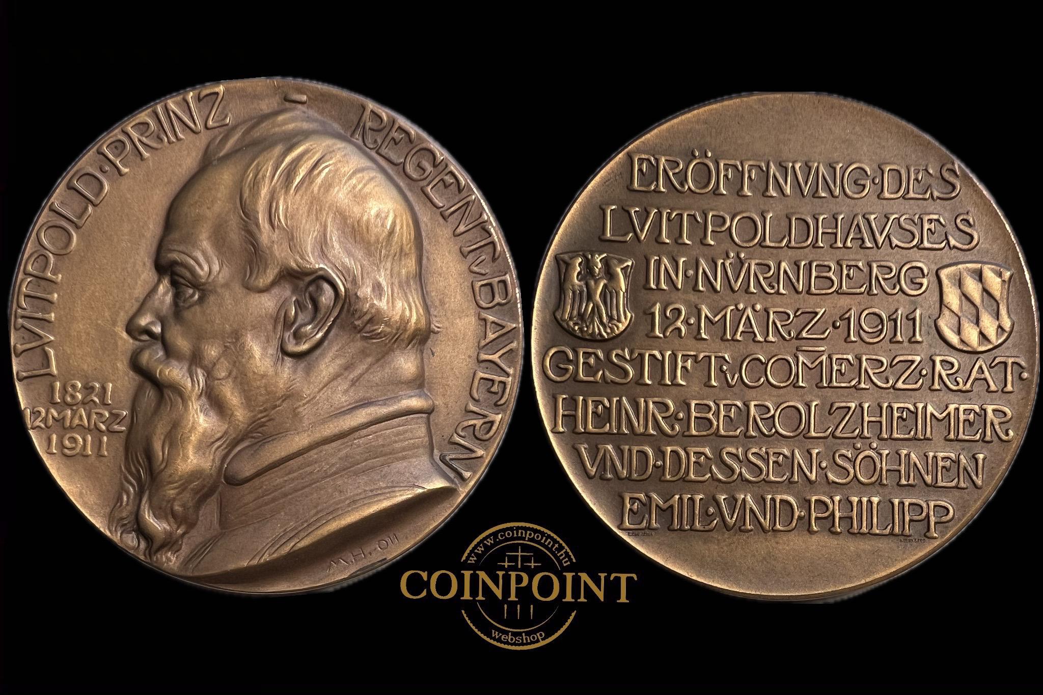 Bajor Királyság Luitpold Hercegkormányzó (1911)A Luitpold-Ház felavatása Nürnbergben Avatóérem Bronz Heidmann 654 