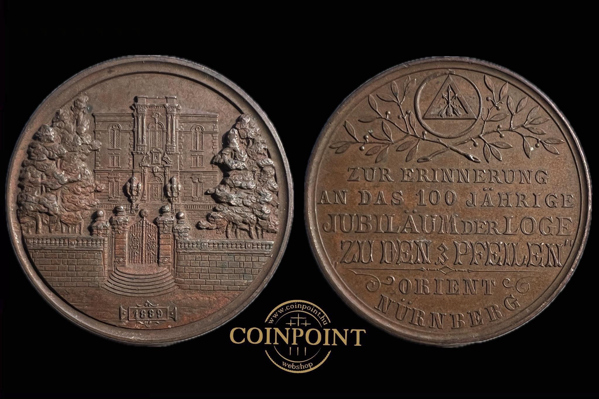 Szabadköműves Páholy 100 éves Jubileumára Nünberg 1889 Bronz Emlékérem (L.Chr.Lauer) 