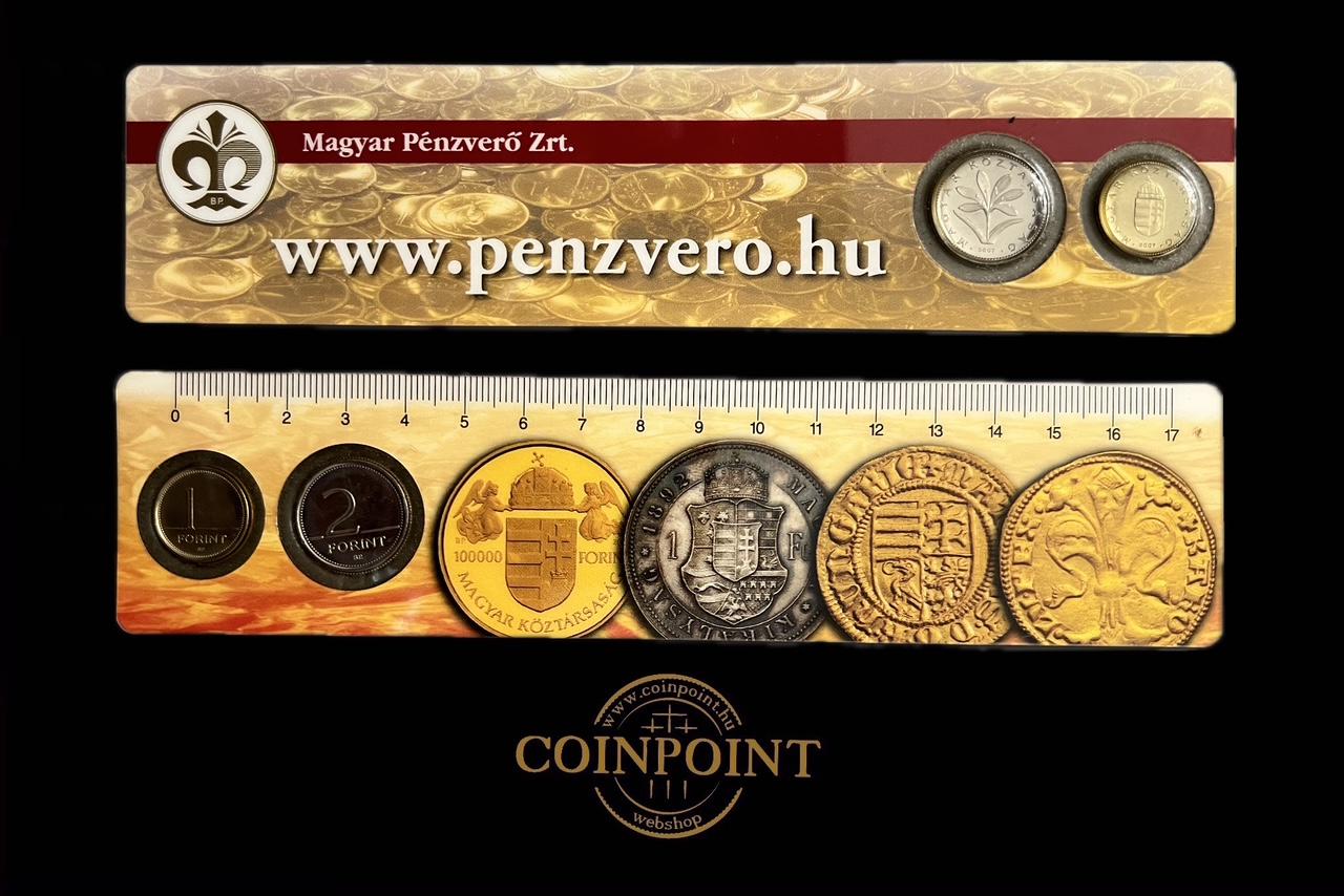 Forgalomból kivont 2007.évi 1 és 2 forintos érme műanyag vonalzóba csomagolva