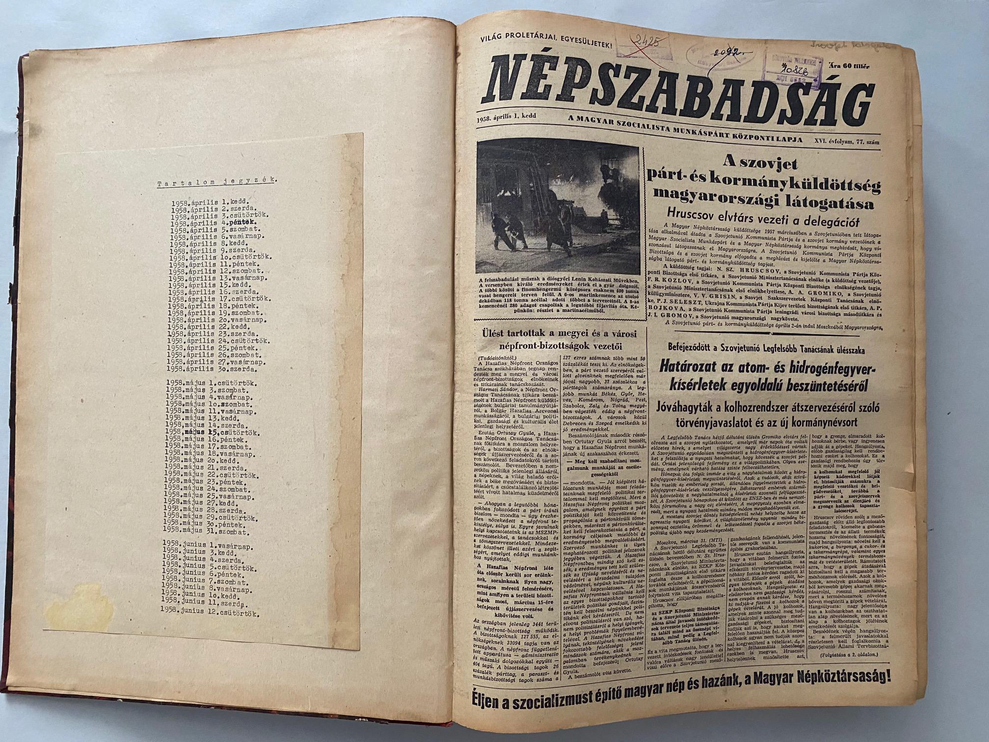 Népszabadság 1958. IV-VI.havi számok egybekötve
