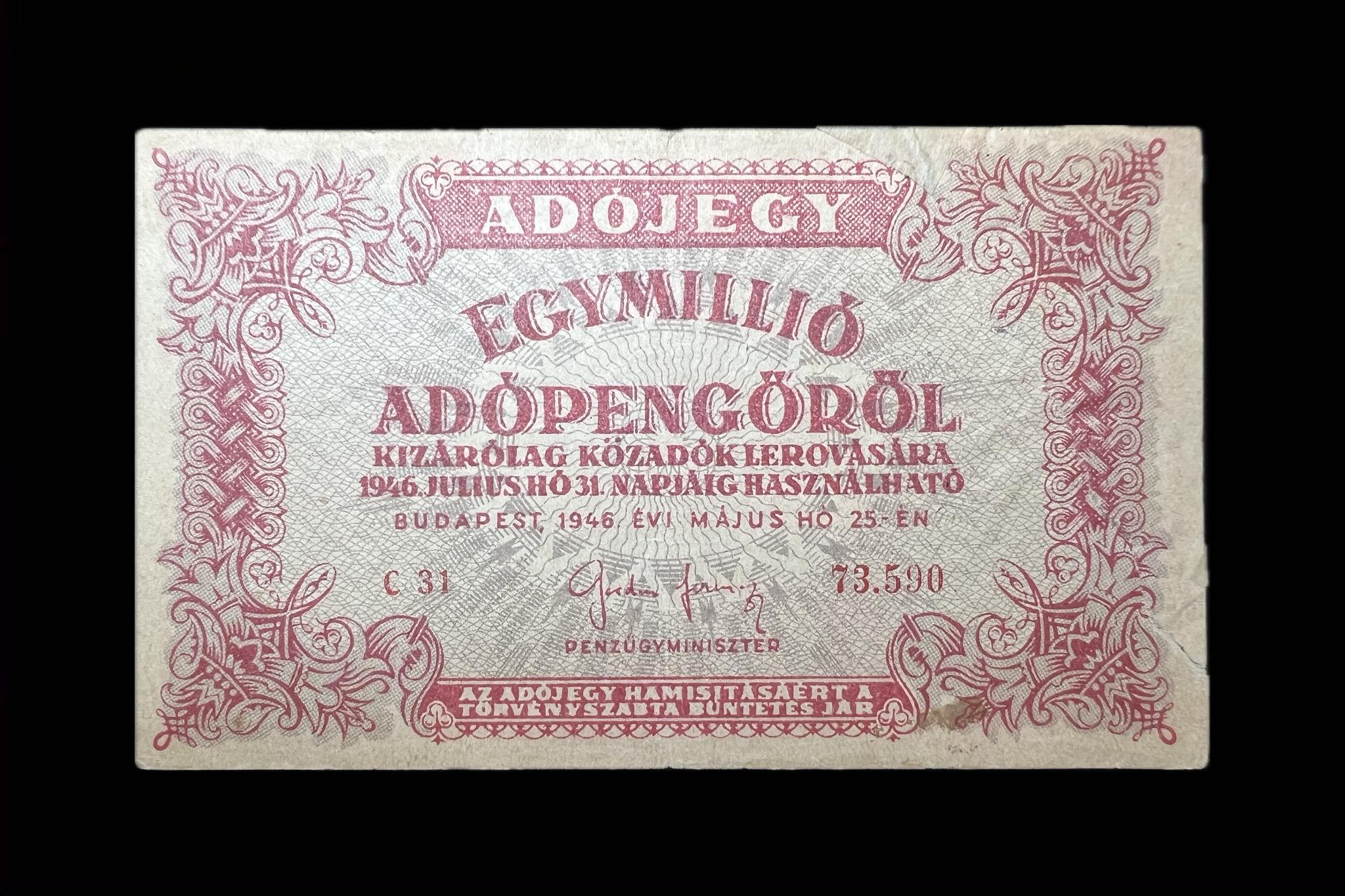 Egymillió Adópengő (1946) Adamo P53 VG fordított vízjel