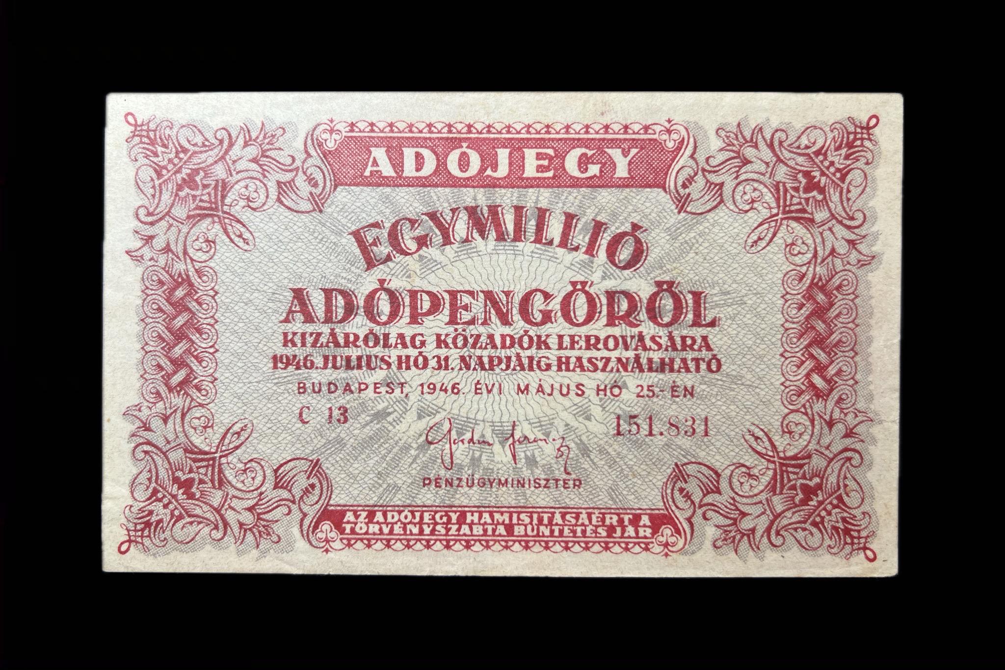Egymillió Adópengő (1946) Adamo P53 EF fordított vízjel