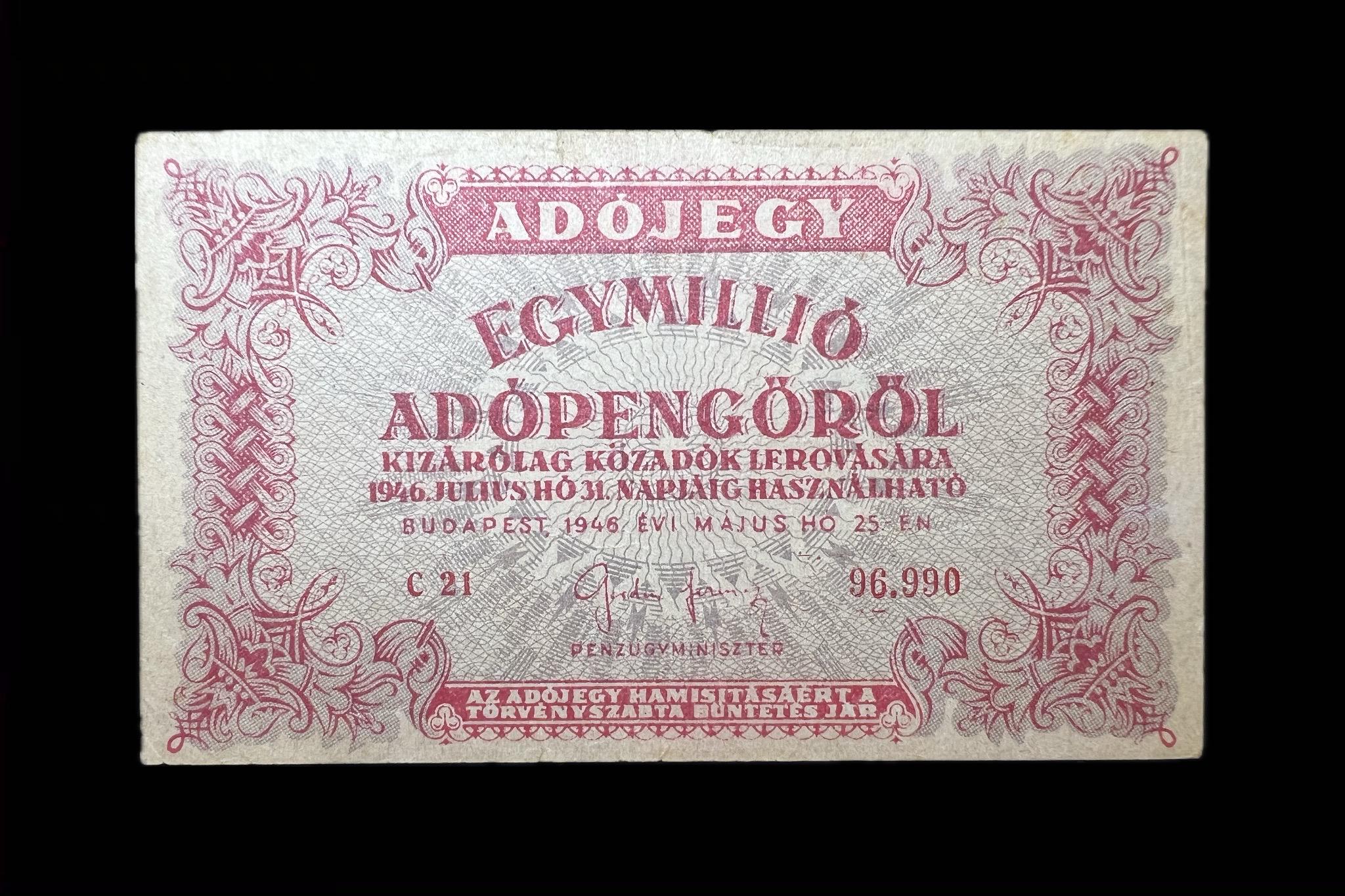 Egymillió Adópengő (1946) Adamo P53 VF fordított vízjel