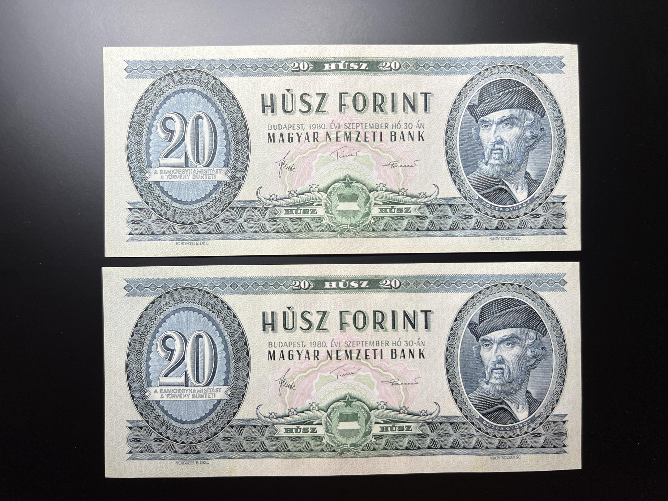 20 Forint (1980C) UNC sorszámkövető 2db Adamo F17