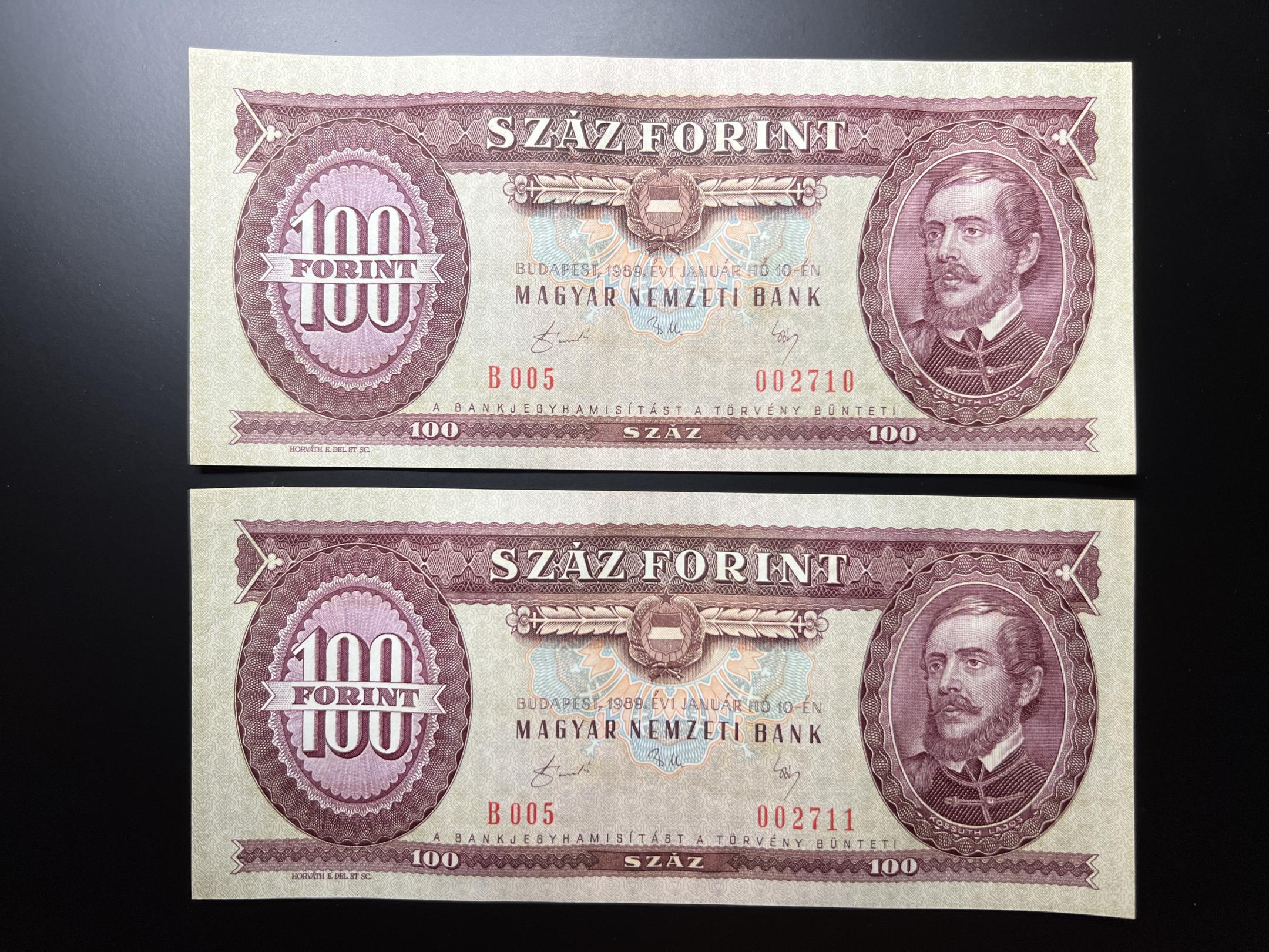 100 Forint 1989 Adamo F36 UNC sorszámkövető 2db 