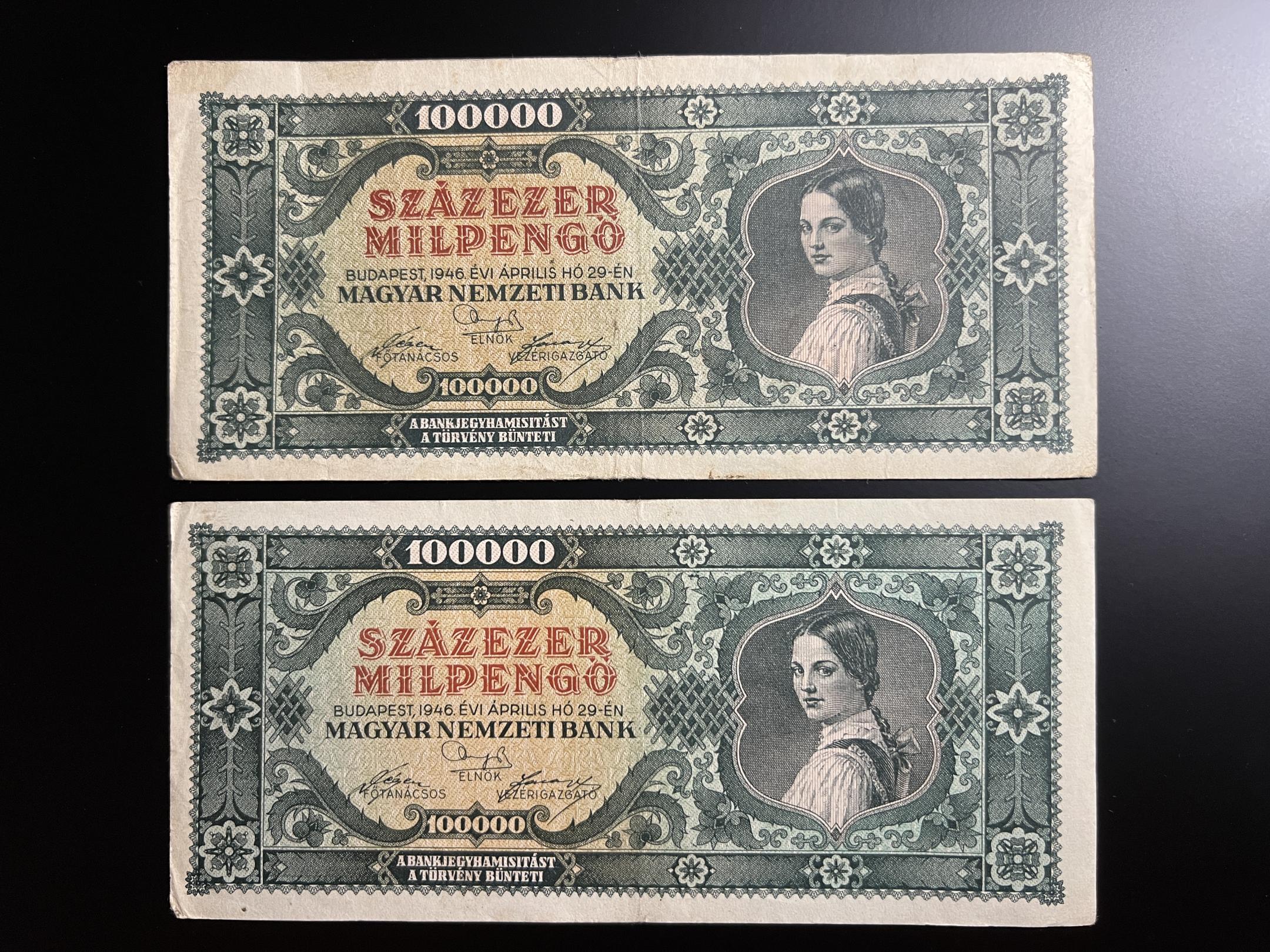 Százezer Milpengő (1946B) VF 2db Adamo P30 