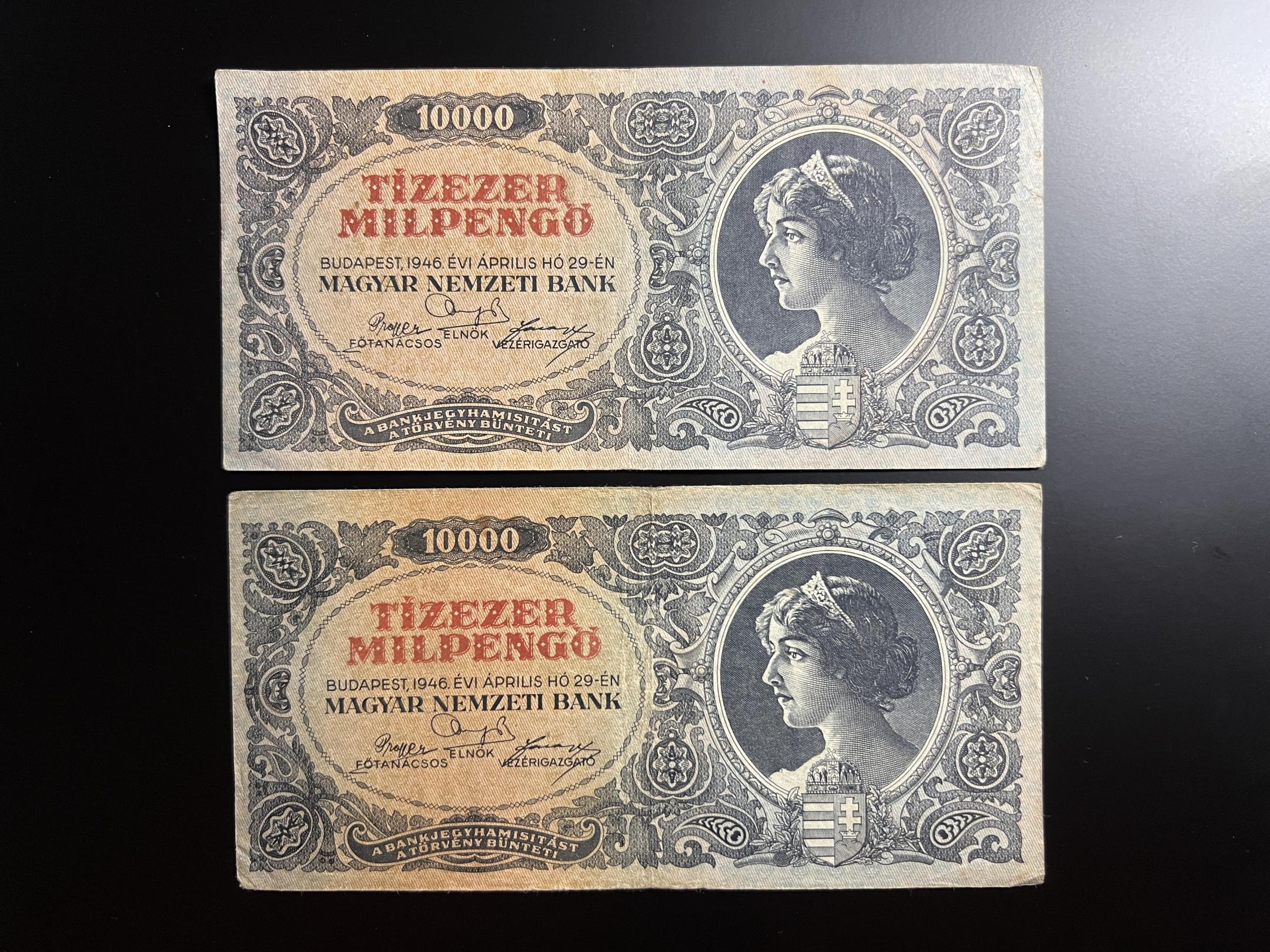 Tízezer Milpengő (1946A) Adamo P29 VF 2db 