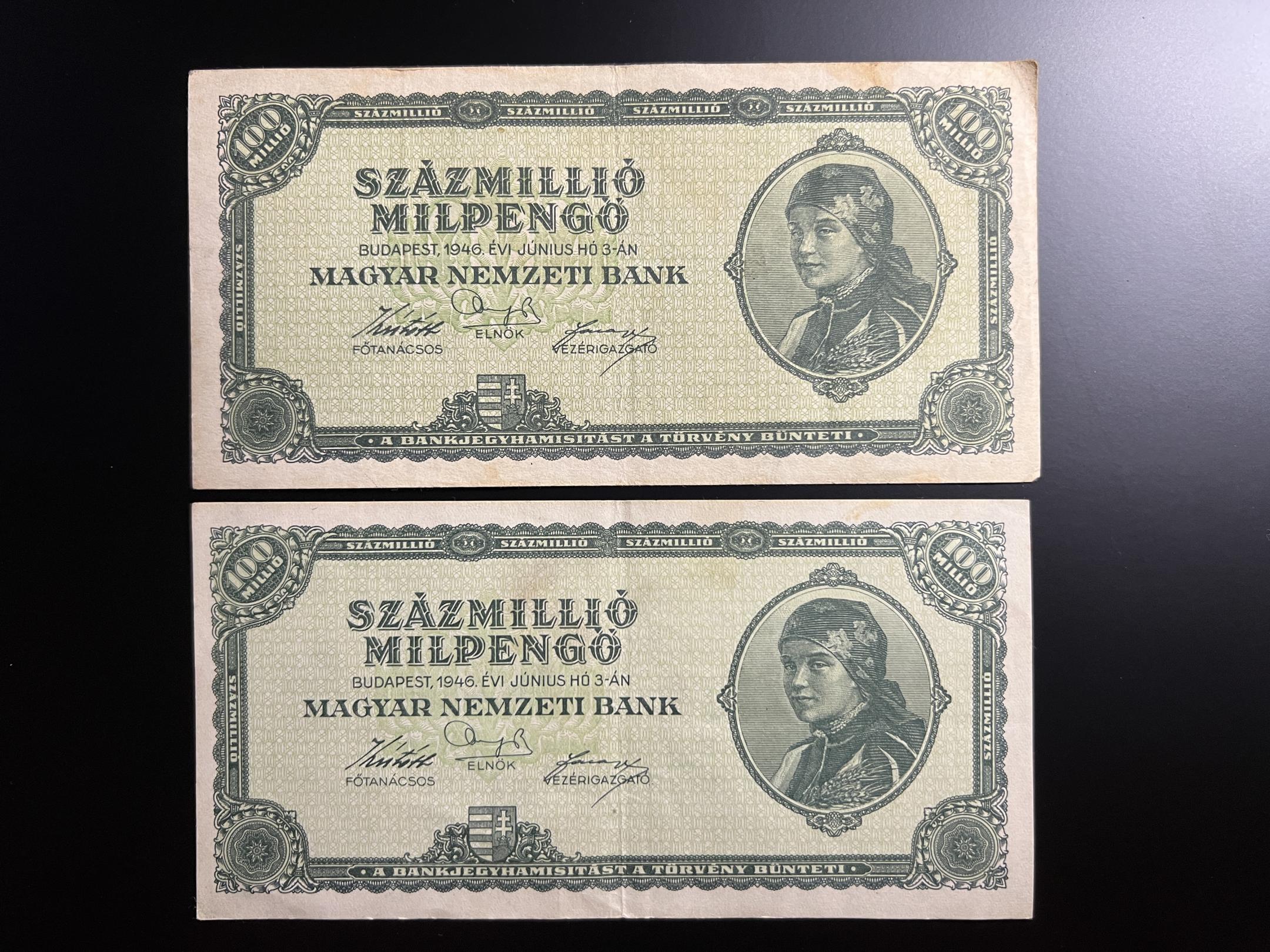 Százmillió Milpengő (1946) VF 2db Adamo P33