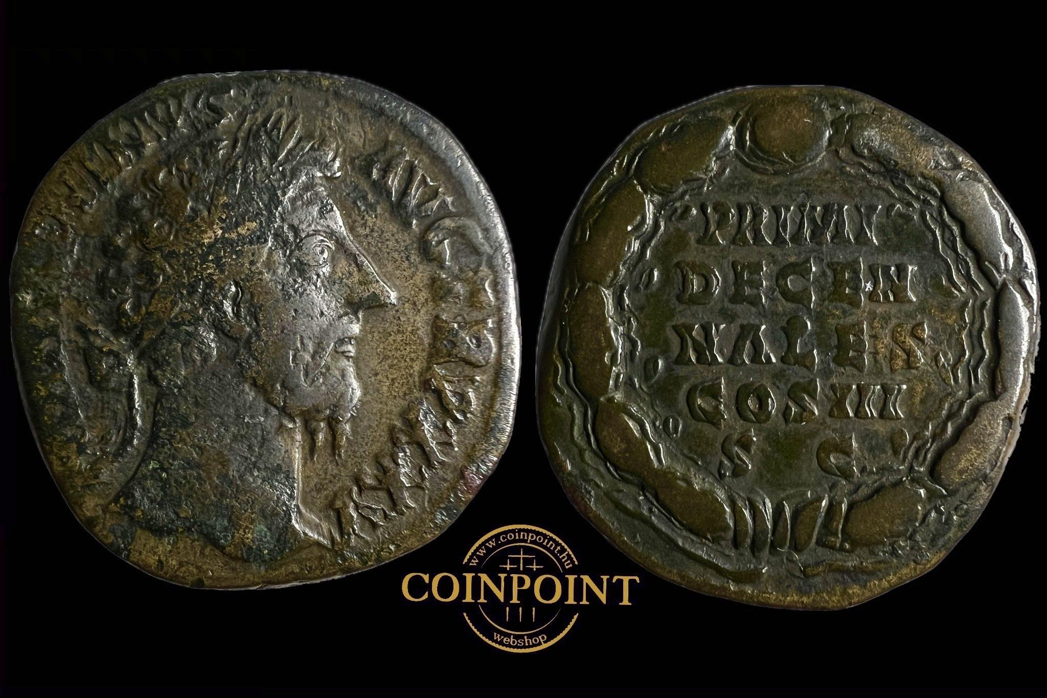  Marcus Aurelius (i.sz.161-180) Sestertius  Roma  IMP M ANTONINVS AVG TR P XXV   PRIMI _ DECEN_NALES _ COS III _ S C  RIC 1006 