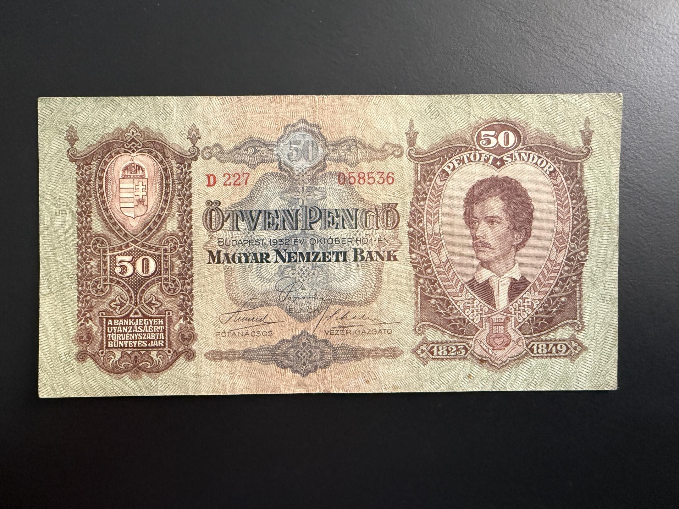 Ötven Pengő (1932D) VF Adamo P14