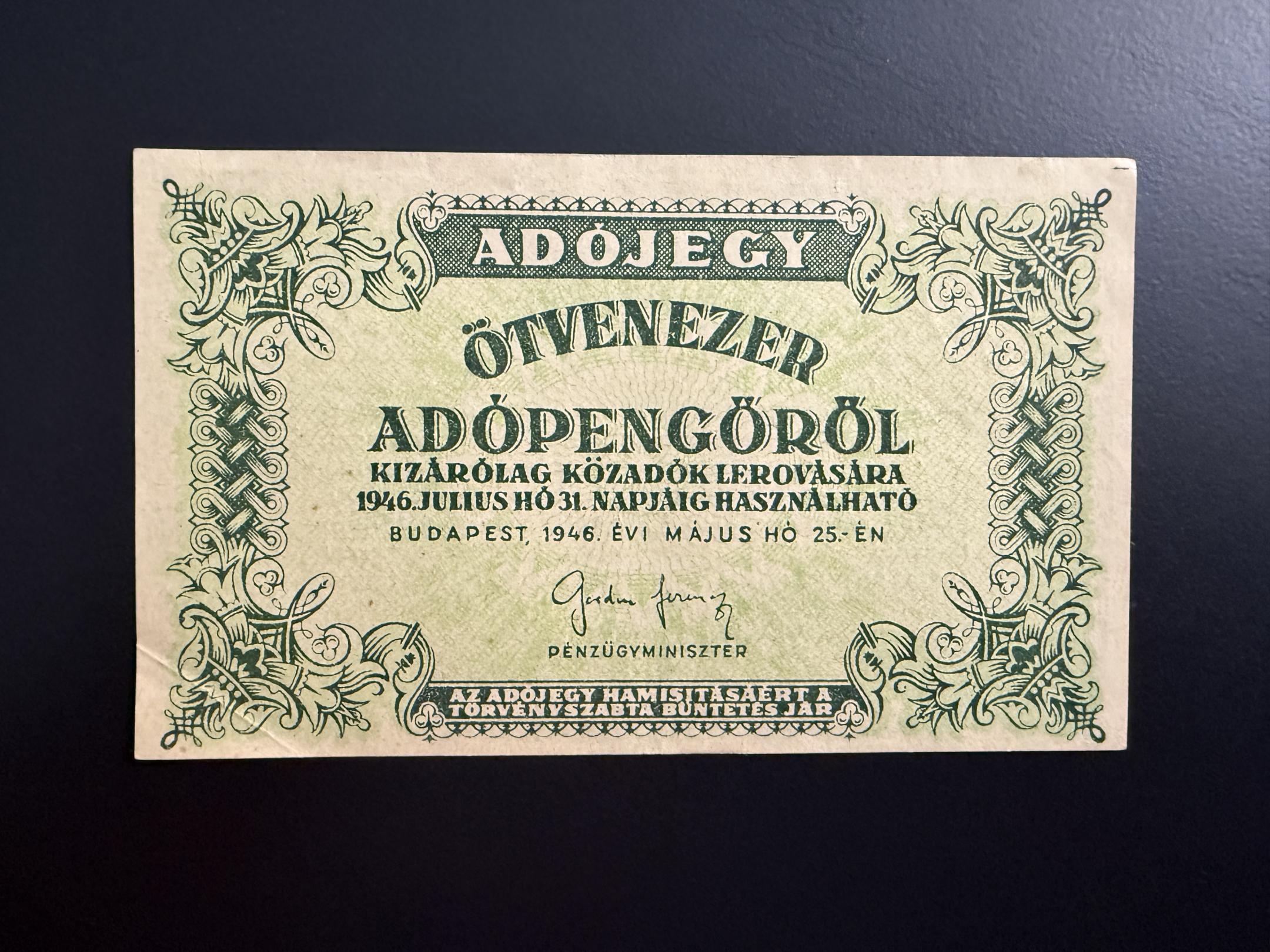  Ötvenezer Adópengő (1946) aUNC Adamo P50