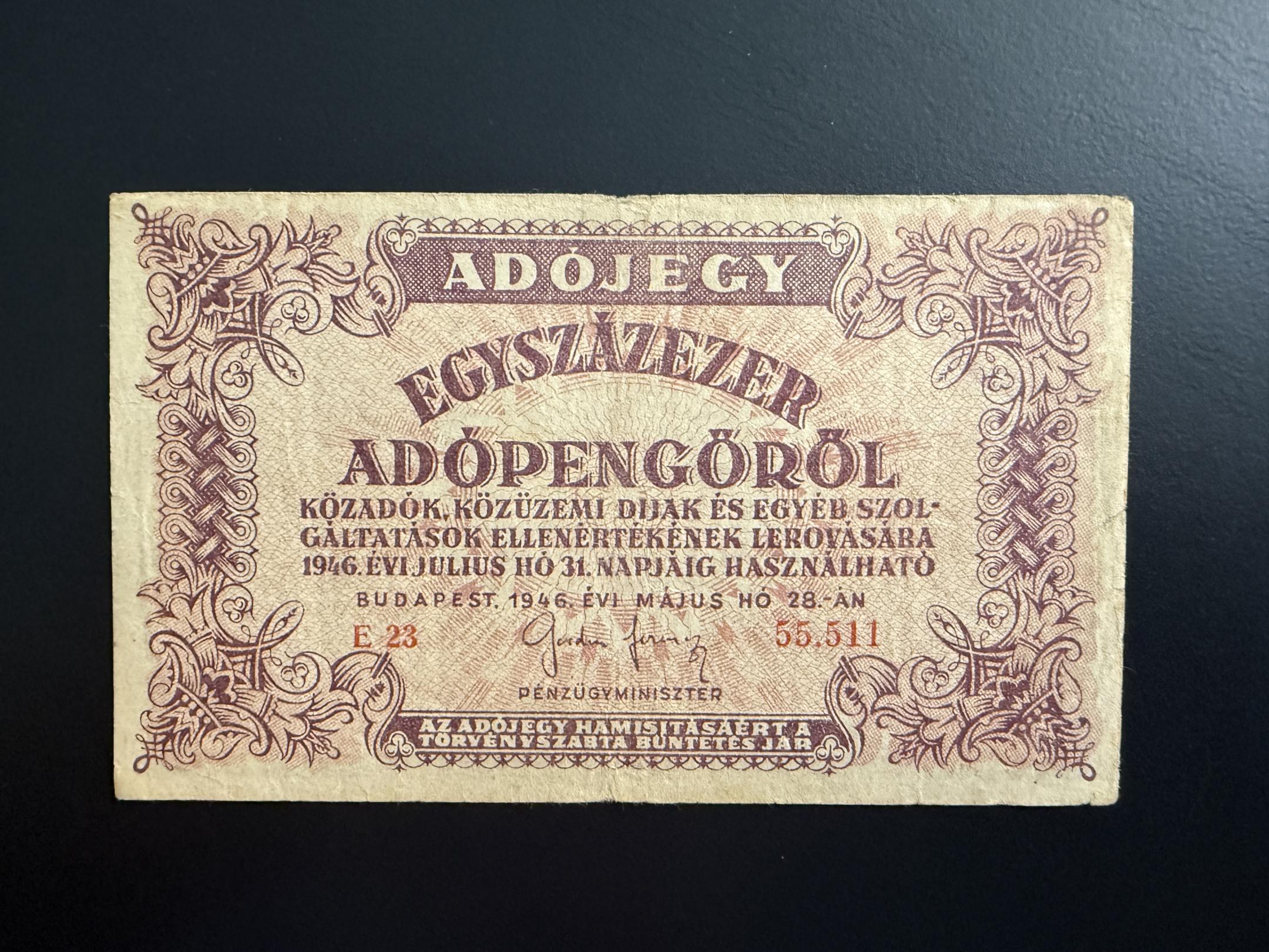  Egyszázezer Adópengő (1946E) VF Adamo P51