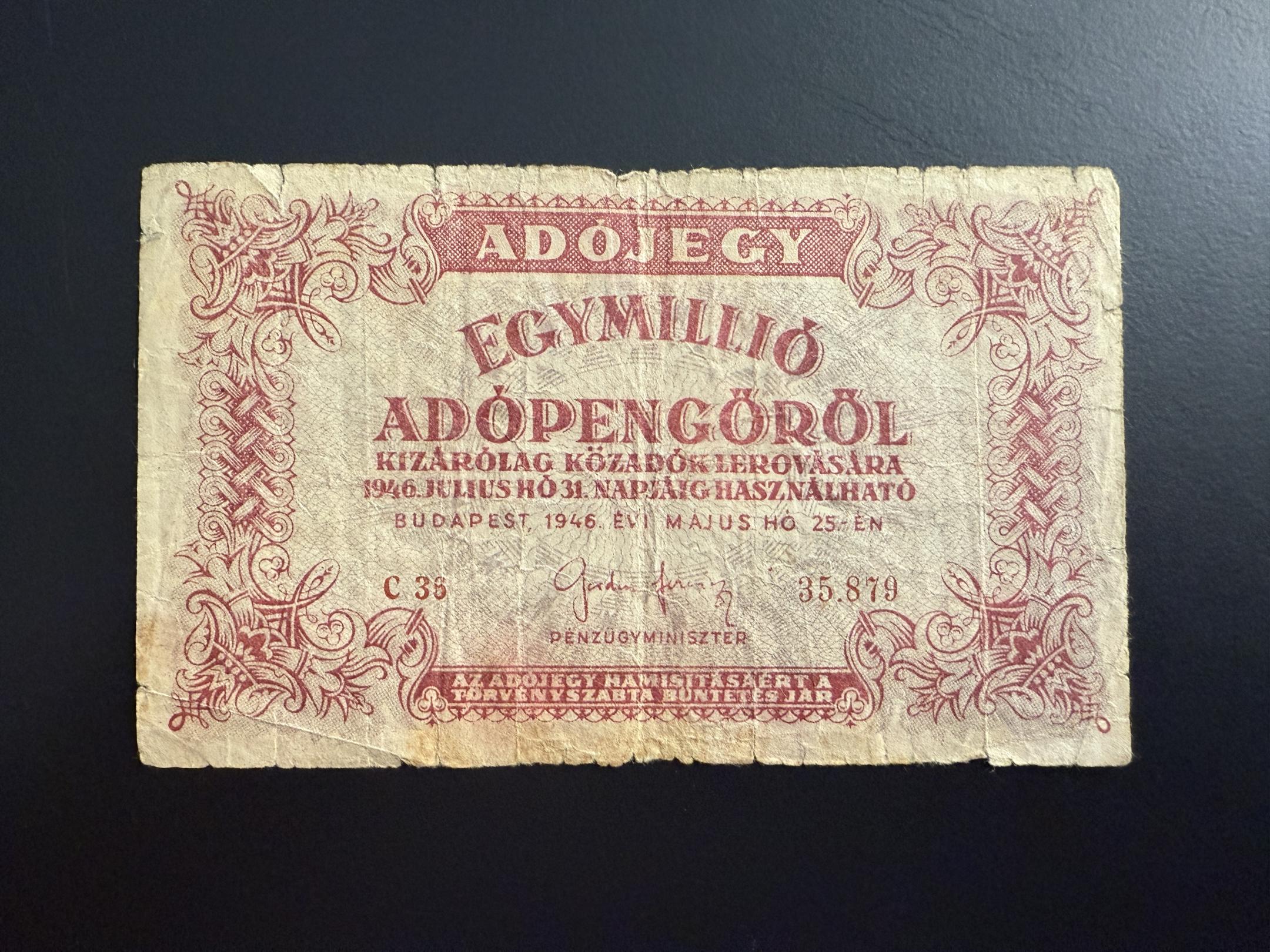  Egymillió Adópengő (1946) VG Adamo P53