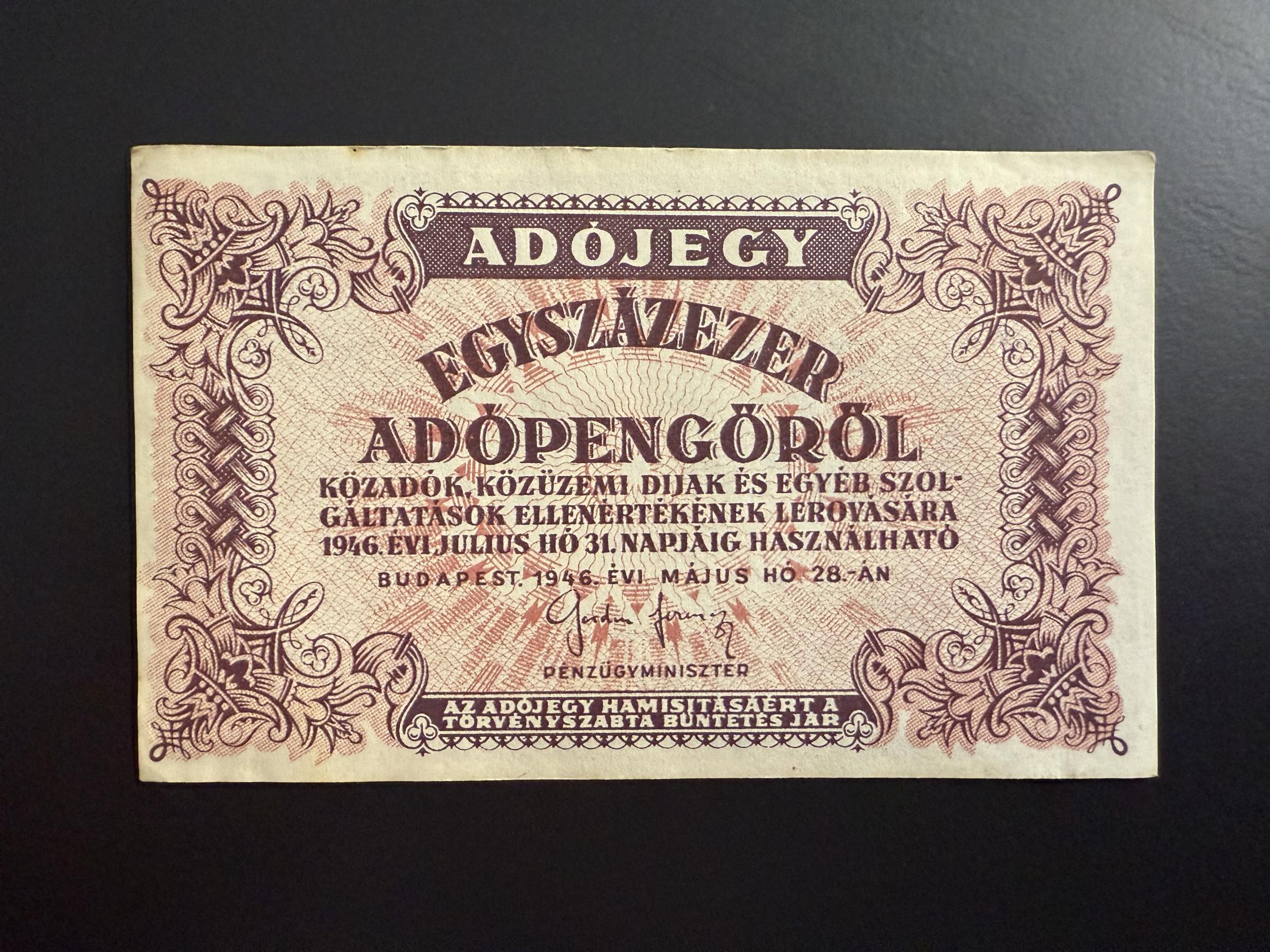  Egyszázezer Adópengő (1946) EF  Adamo P51A