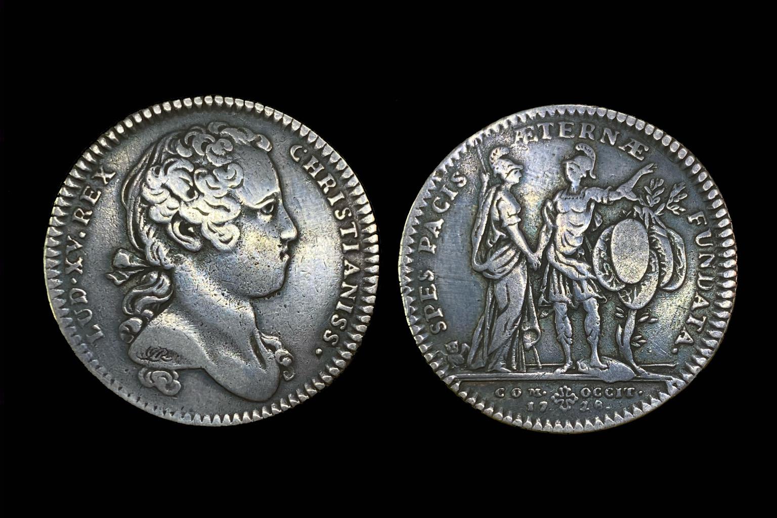 XV. Lajos békekötés előkészületeire kiadott zseton (1728)
