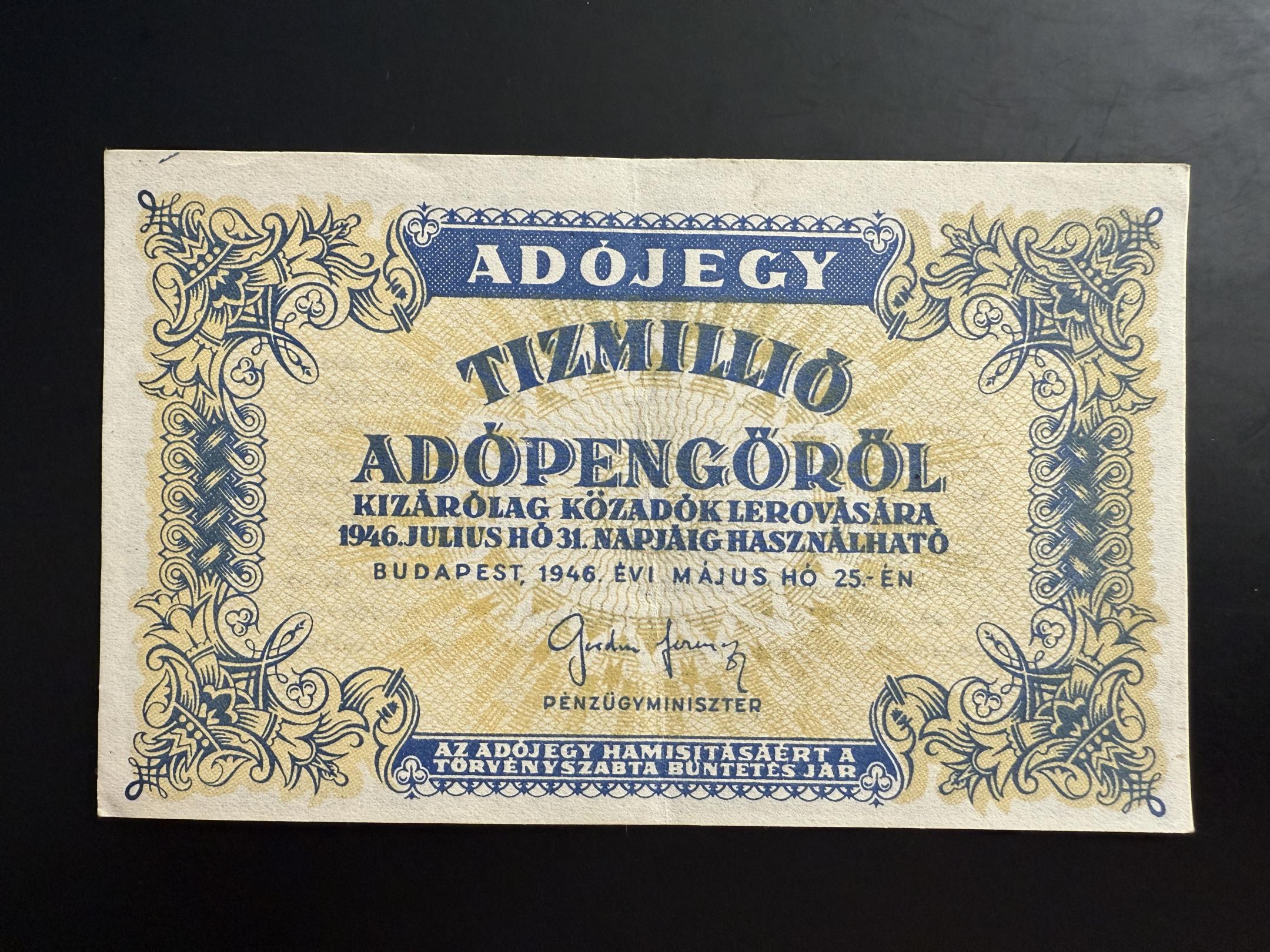 Tízmillió Adópengő (1946) EF, Adamo P54