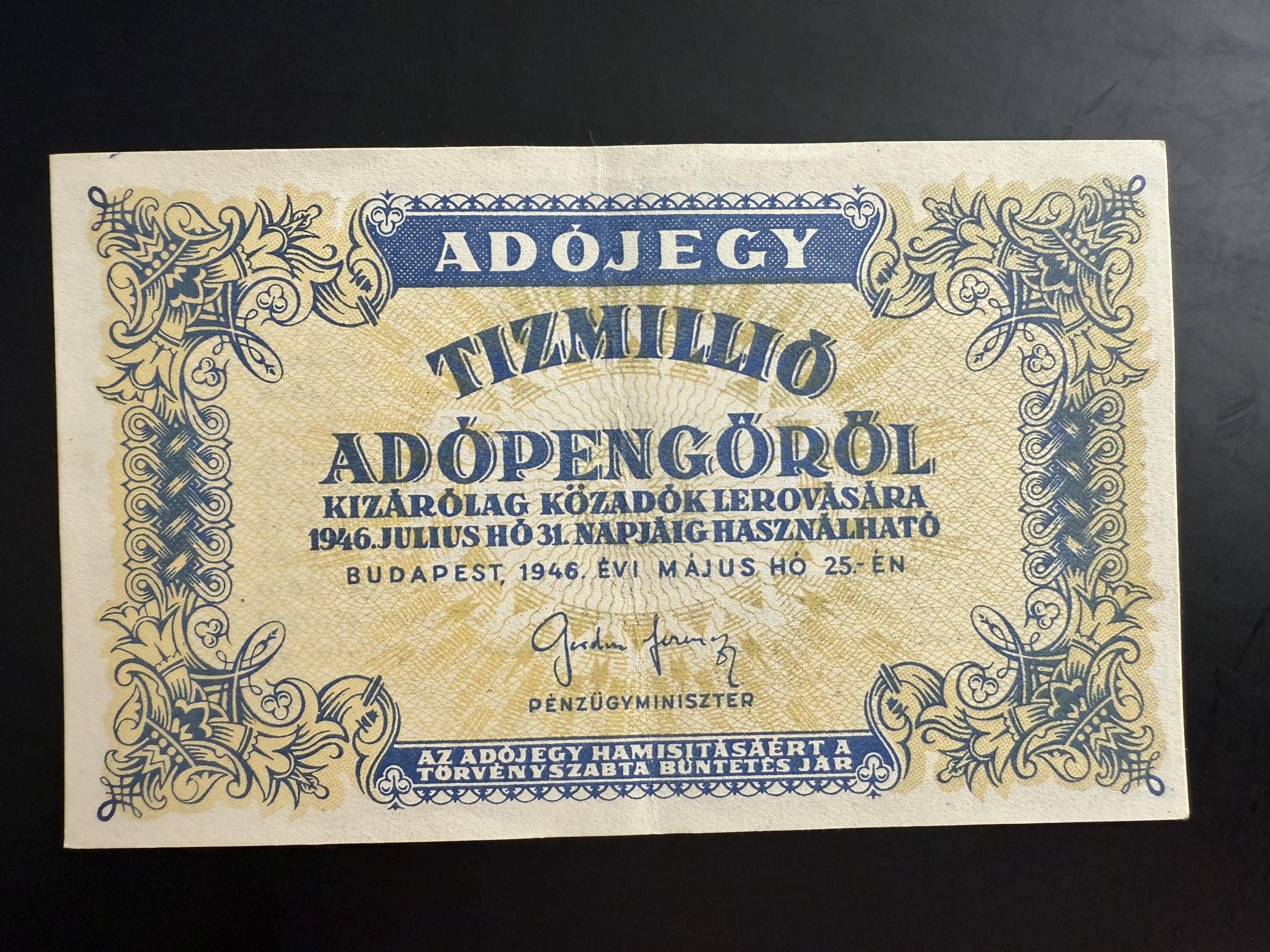 Tízmillió Adópengő (1946) EF, Adamo P54