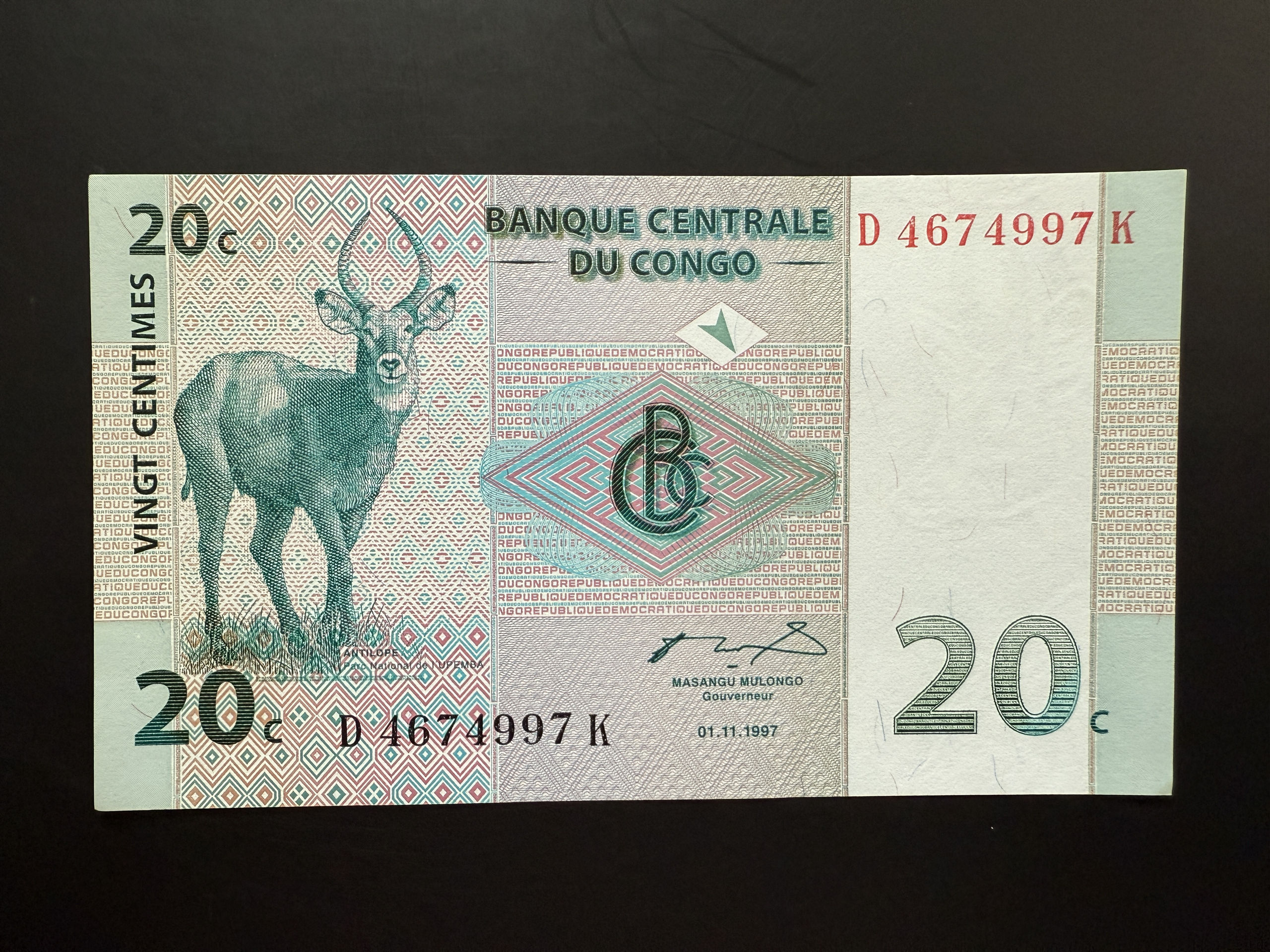 CONGO DEM. REP. 20 Centimes 1.11.1997 (P.83) UNC