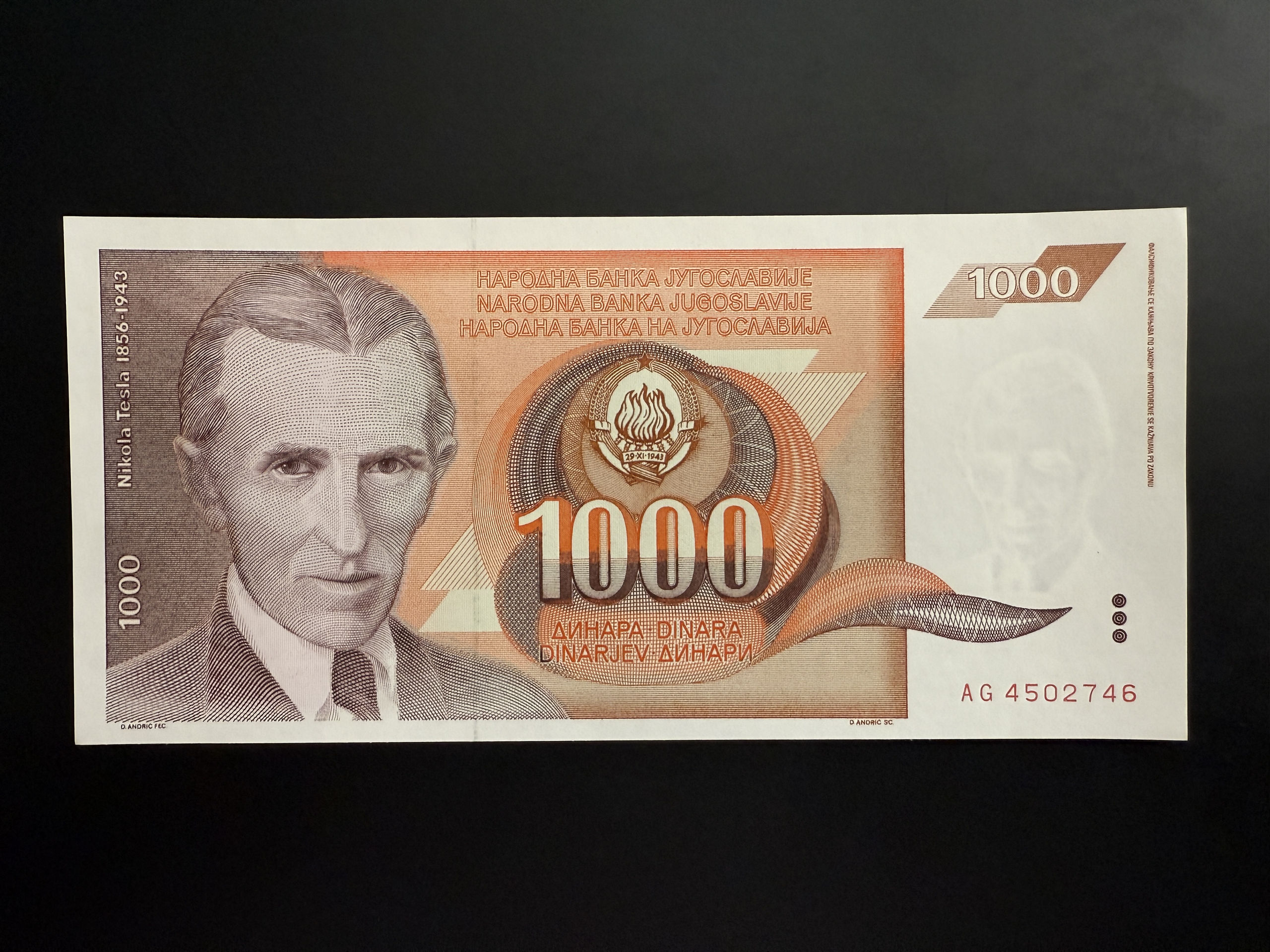 YUGOSLAVIA 1000 Dinara 26.11.1990 (P.107) UNC