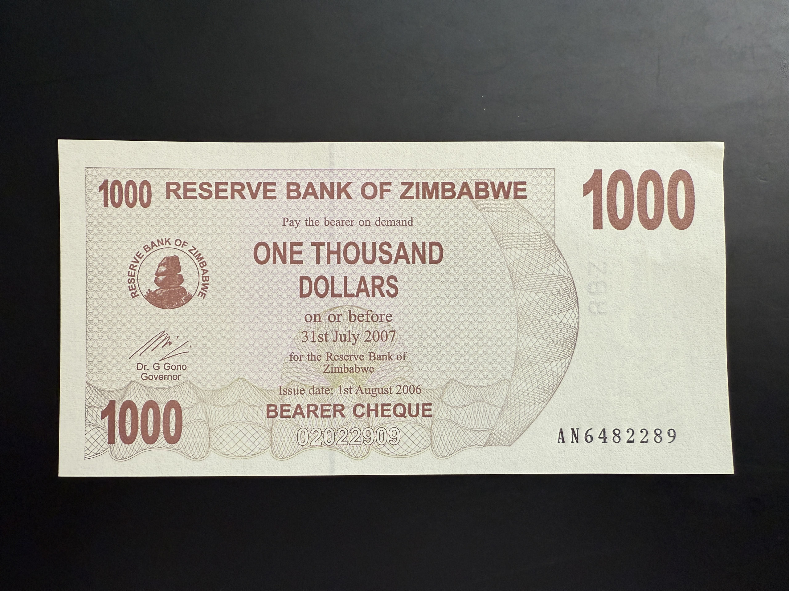 ZIMBABWE 1000 Dollars 1.8.2006 (P.44) UNC