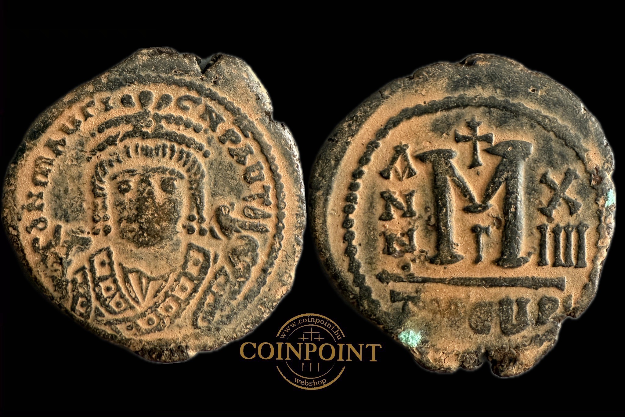 Maurice Tiberius Follis (i.sz.582-602) sivatagi patina Sear 533