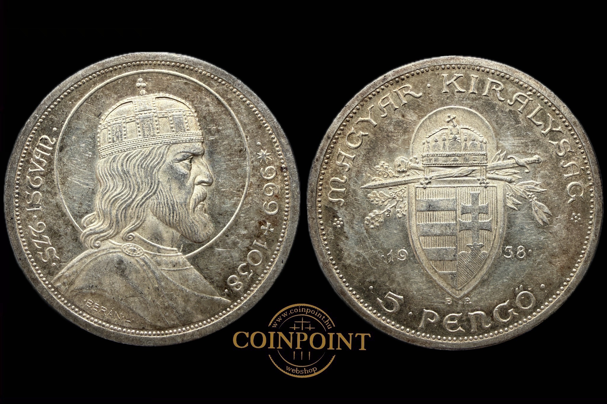 Szent István 5 Pengő 1938 BP Adamo P8.1 Magyar Köztársaság 