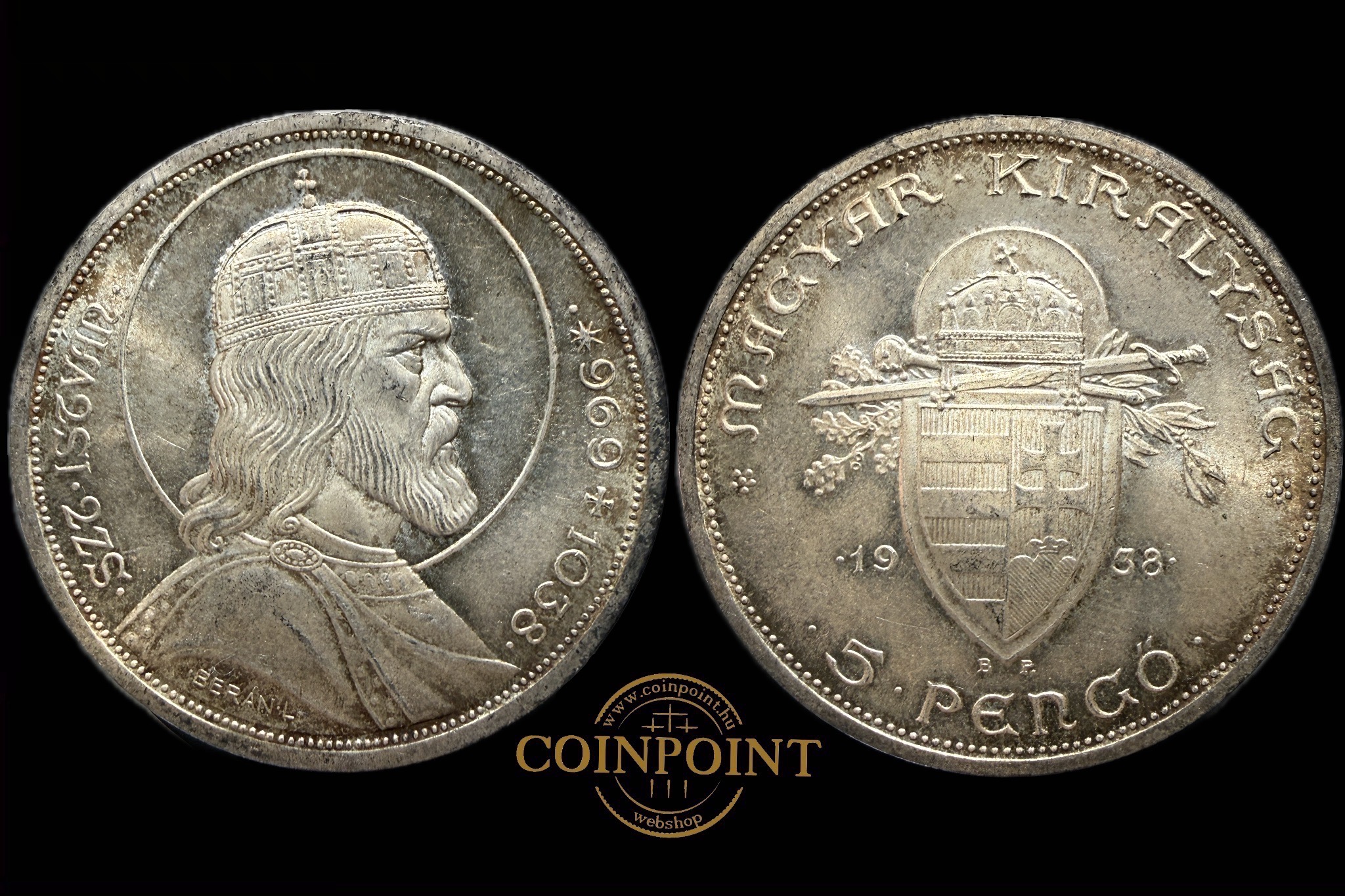 Szent István 5 Pengő 1938 BP Adamo P8.1 Magyar Köztársaság 