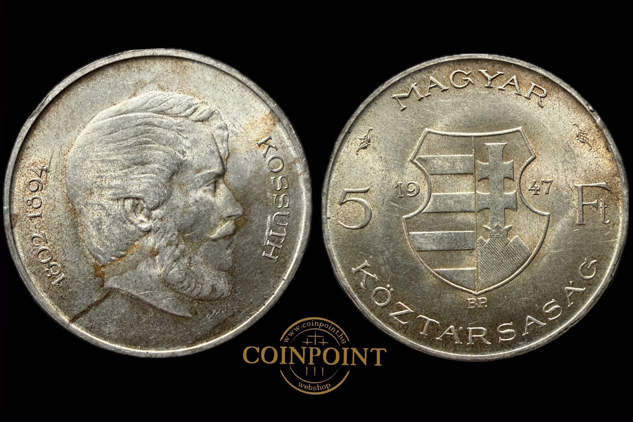 Kossuth Lajos Magyar Köztársaság 5 Forint 1947 BP Adamo F8.1 Tervezte: Iván István 