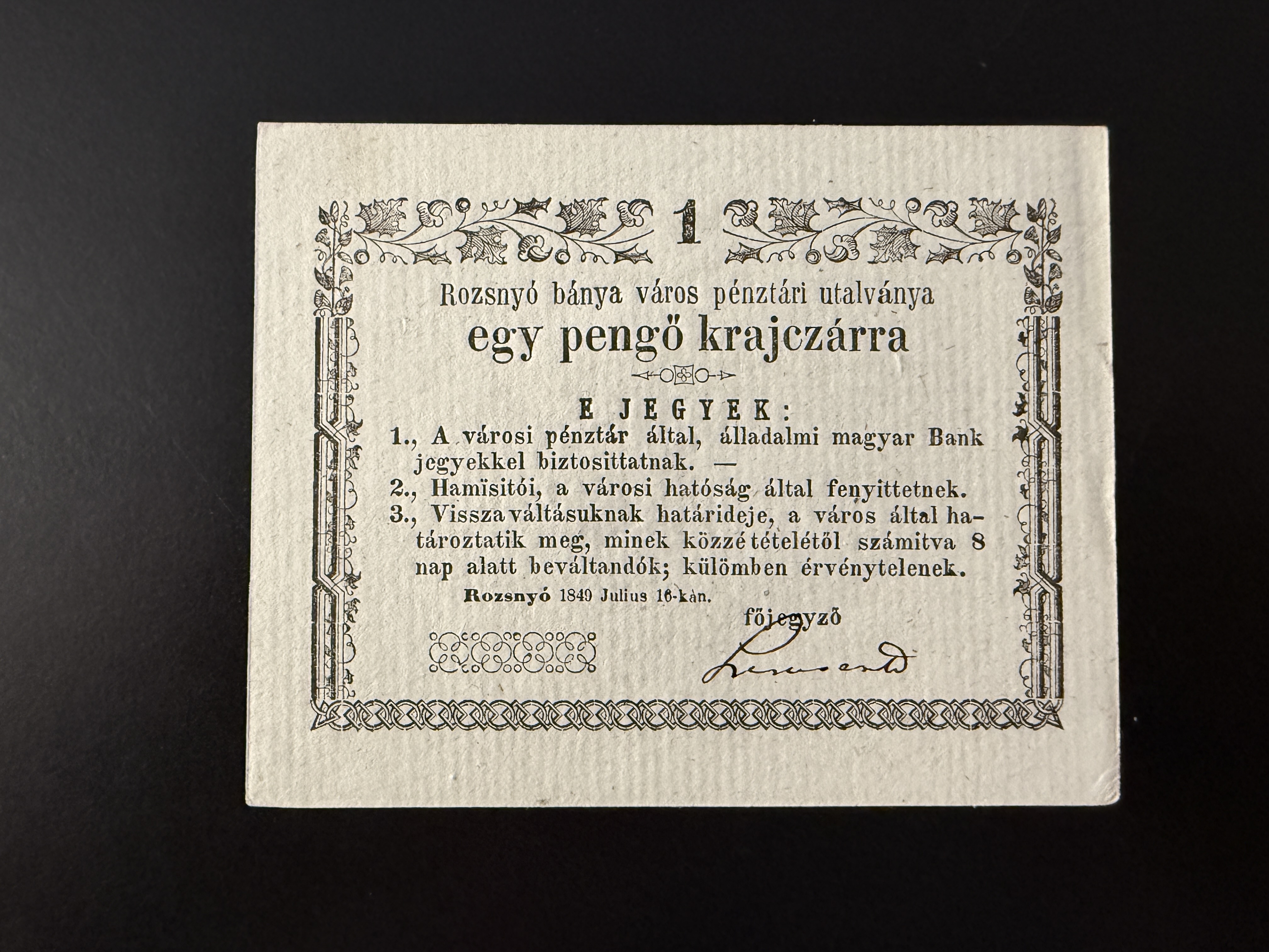1 krajcár Rozsnyó 1849 aUNC
