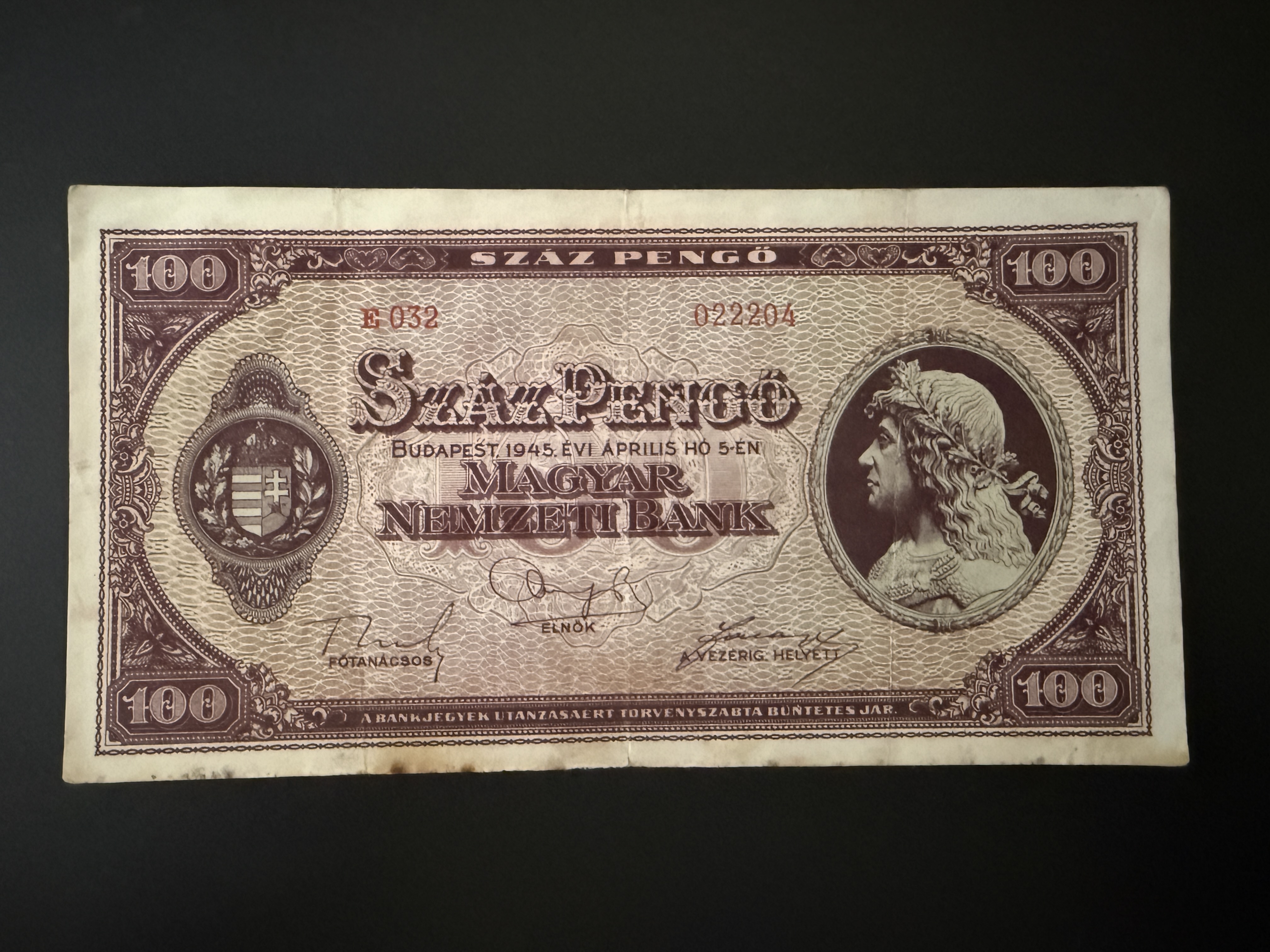 Száz Pengő (1945E) VF Adamo P18 