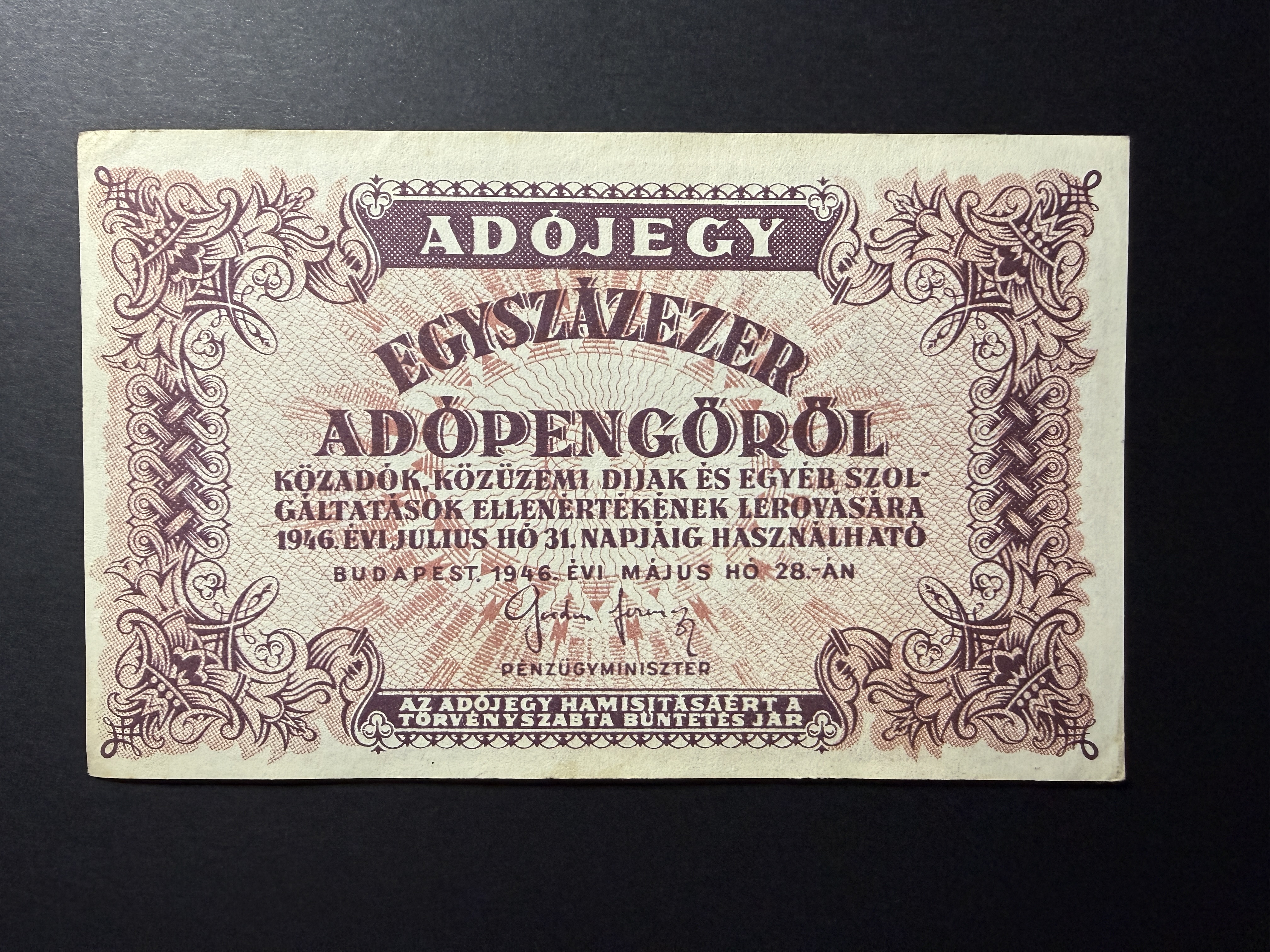 Egyszázezer Adópengő 1946 Adamo P51A