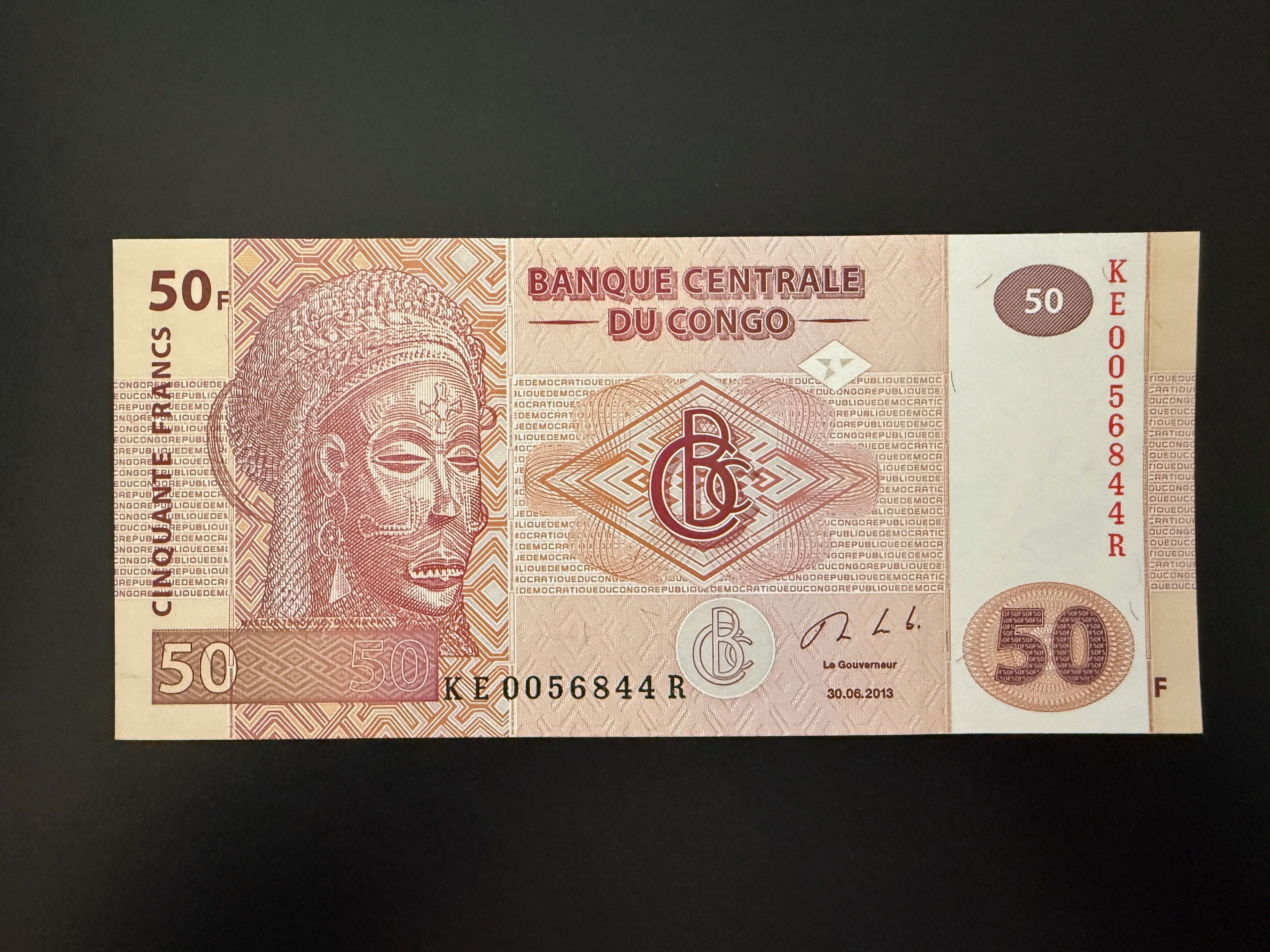 CONGO DEM. REP. 50 Francs 30.6.2013 (2007-2022) (P.97a) UNC - Printer Giesecke & Devrient; Prefix KE